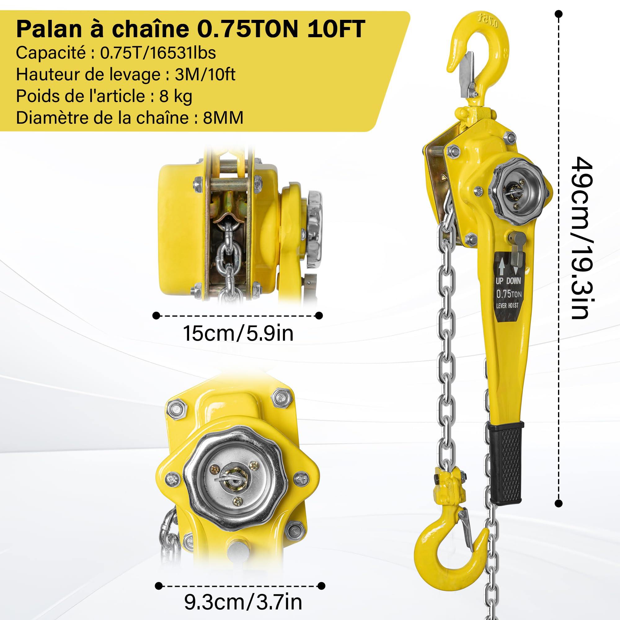 OUUTMEE Palan Manuel à Chaîne 0,75 T, Hauteur de Levage 3 M | Palan à Levier Manuel, Chaîne en Acier au Carbone G80, Avec Crochet, Pour Entrepôt, Garage et Quai d'Usine, Jaune