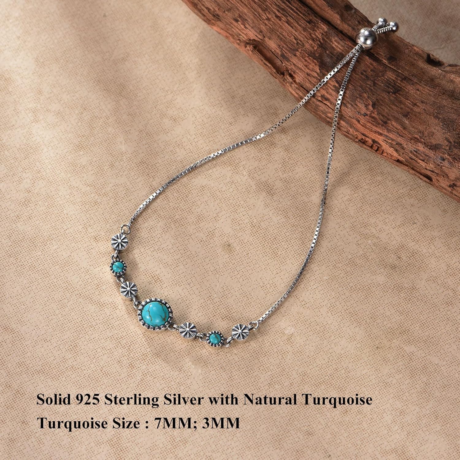 Genuine Turquoise Tennis Bracelet for Women 925 Sterling Silver 7MM Natural Turquoise Adjustable Boho Native American Bracelets 6 to 8 Inch