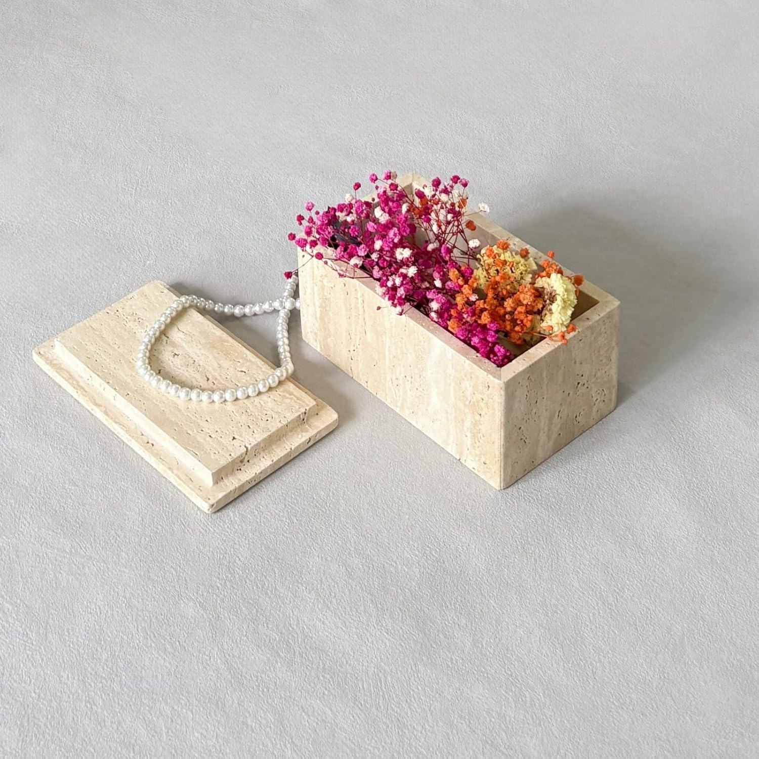 7.5''x4.3''x3.6'' Vintage Natural Marble Stone Rectangle Trinkets Jewelry Sundries Storage Large Box Container with Lid (Beige Travertine)