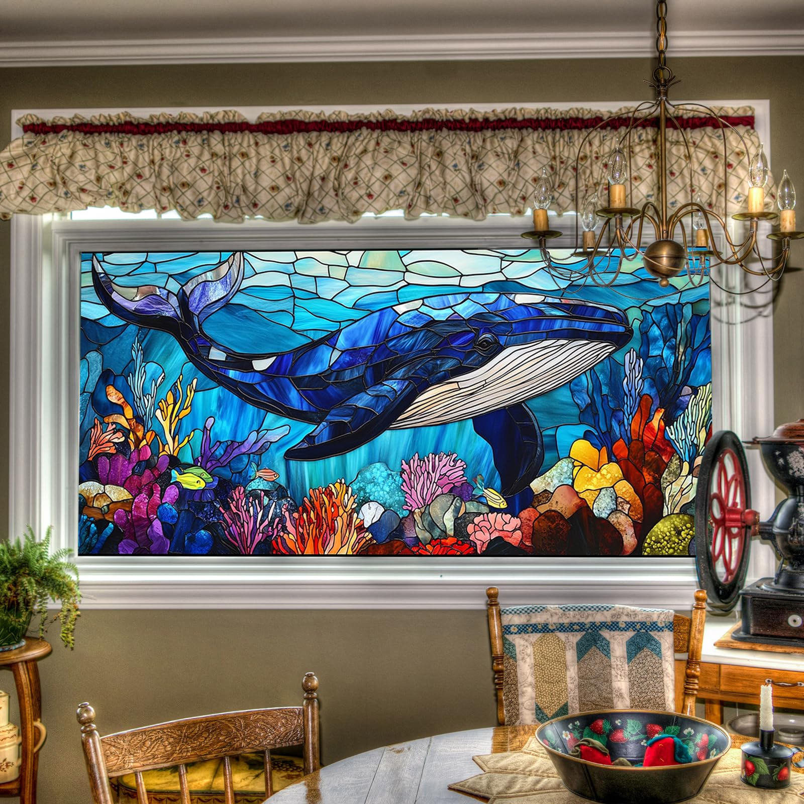 HOMETITUTE Stained Glass Window Film Ocean Whale Floral Decorative Window Cling Peel and Stick Static Cling Removable Decal for Home Decor