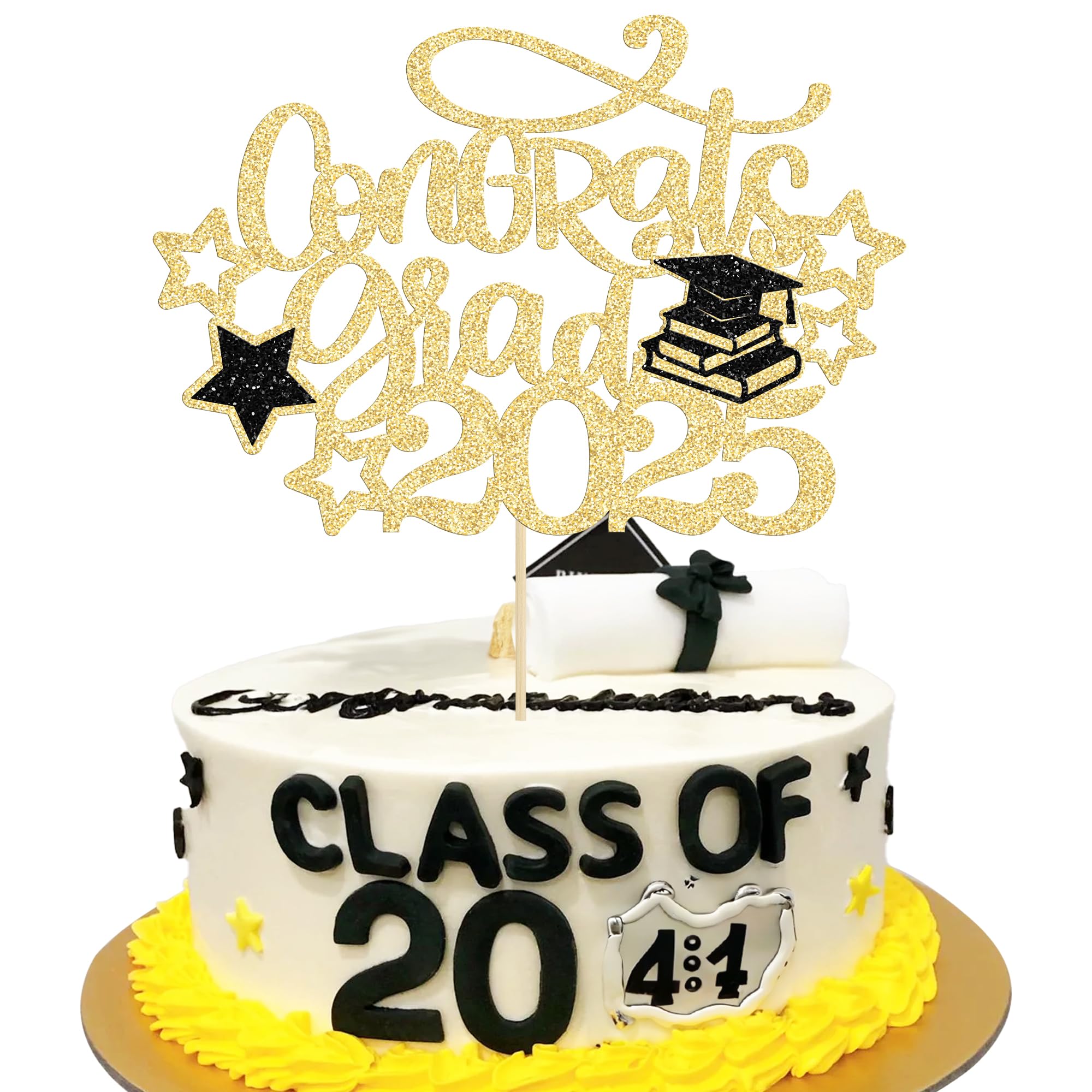 Gyufise 1Pc Congrats Grad 2026 Cake Topper Glitter Star Class of 2026 Graduation Cap Cake Pick for 2026 Graduation Theme Party Cake Decorations Supplies Gold
