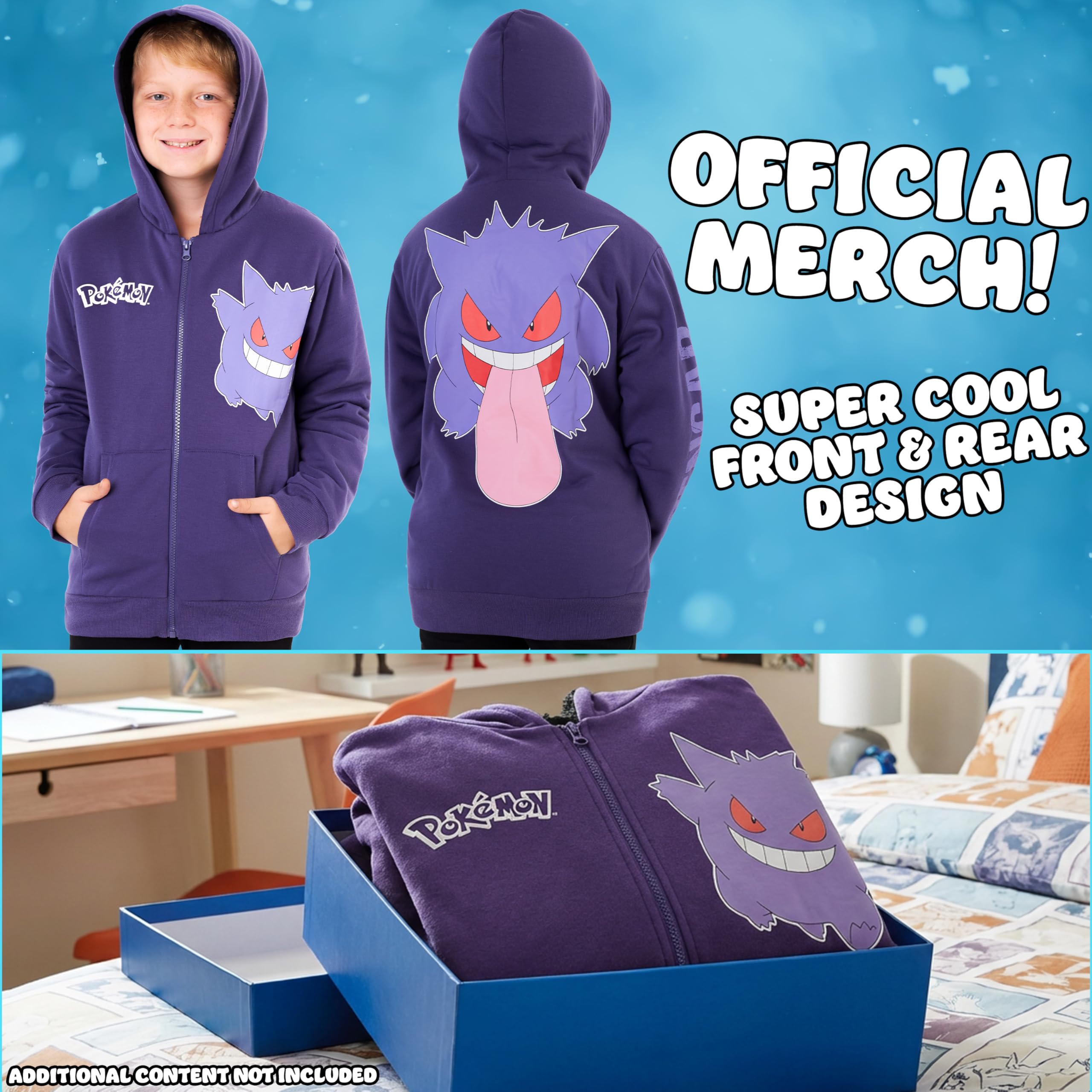 Pokémon Sudadera Cremallera Niños 7-14 Años, Pikachu Charizard Mewtwo Gengar, Chaqueta Capucha Forro Polar, Regalos Anime