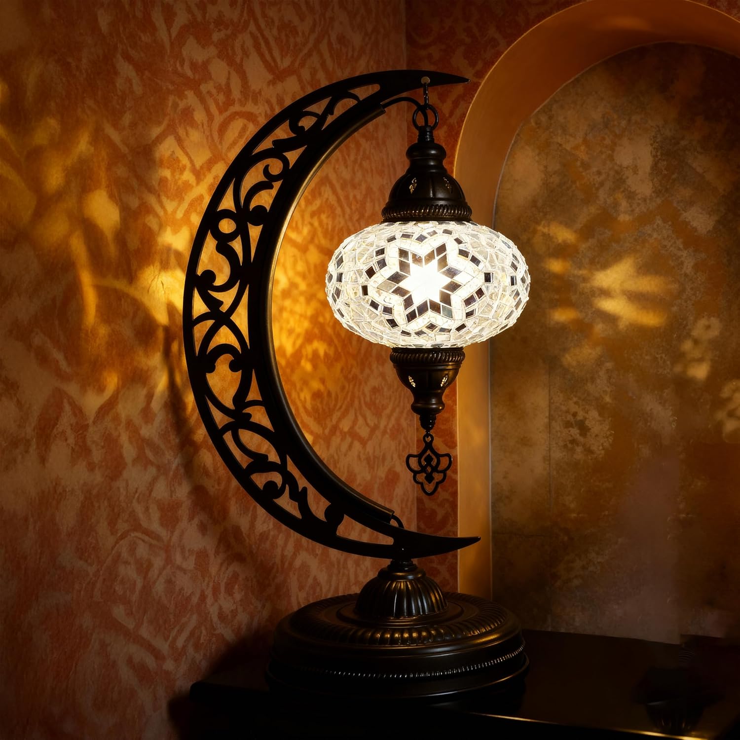MOZAIST White Moon Shaped Turkish Mosaic Table Lamp