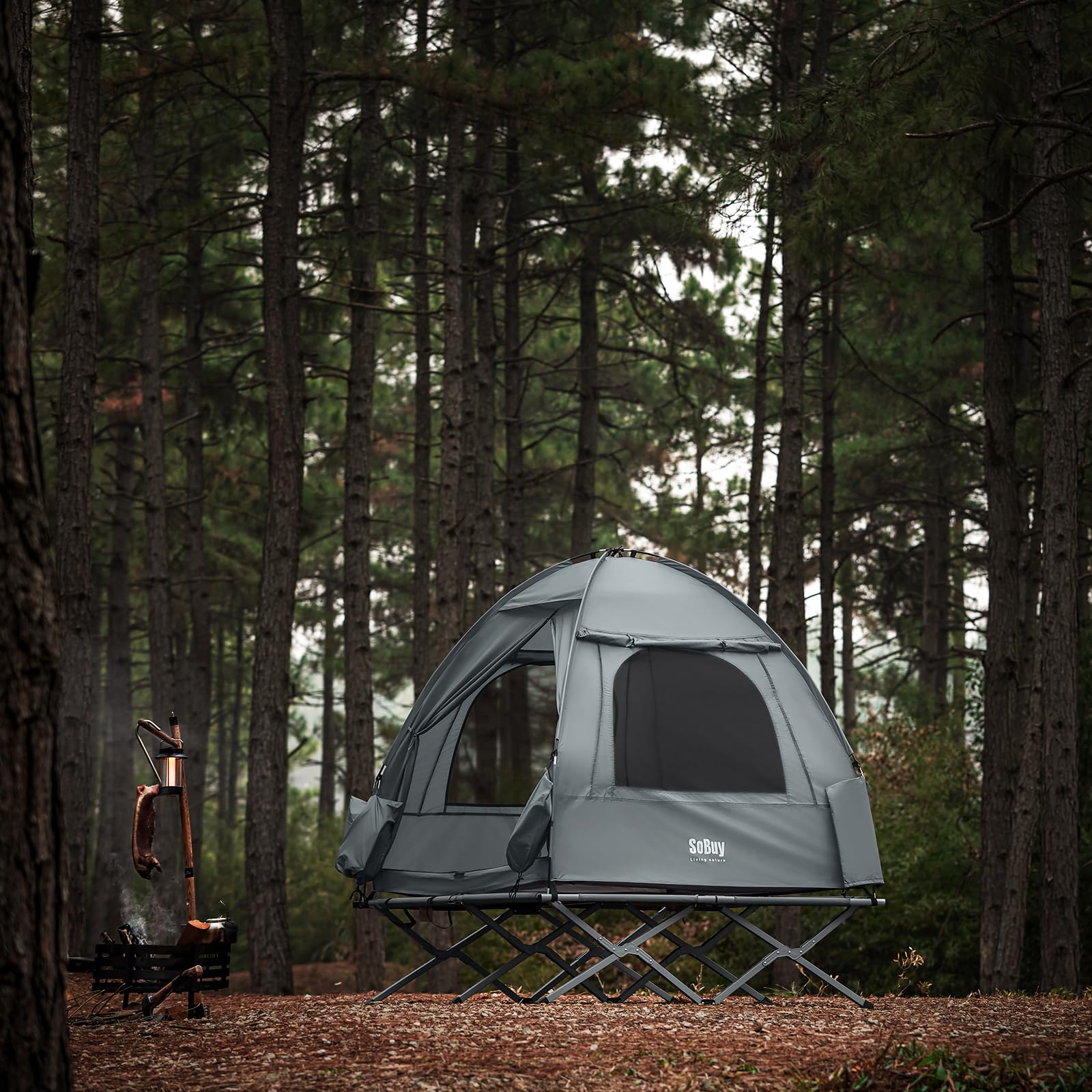 SoBuy Feldbett mit Zelt 2 Personen 4in1 Zelt auf Stelzen mit Rolltasche Wasserdichtes Campingbett Outdoor Campingliege Familienzelt ohne Matratze Angelzelt 193x188x145cm bis 180 kg OGS32-II-L-HG