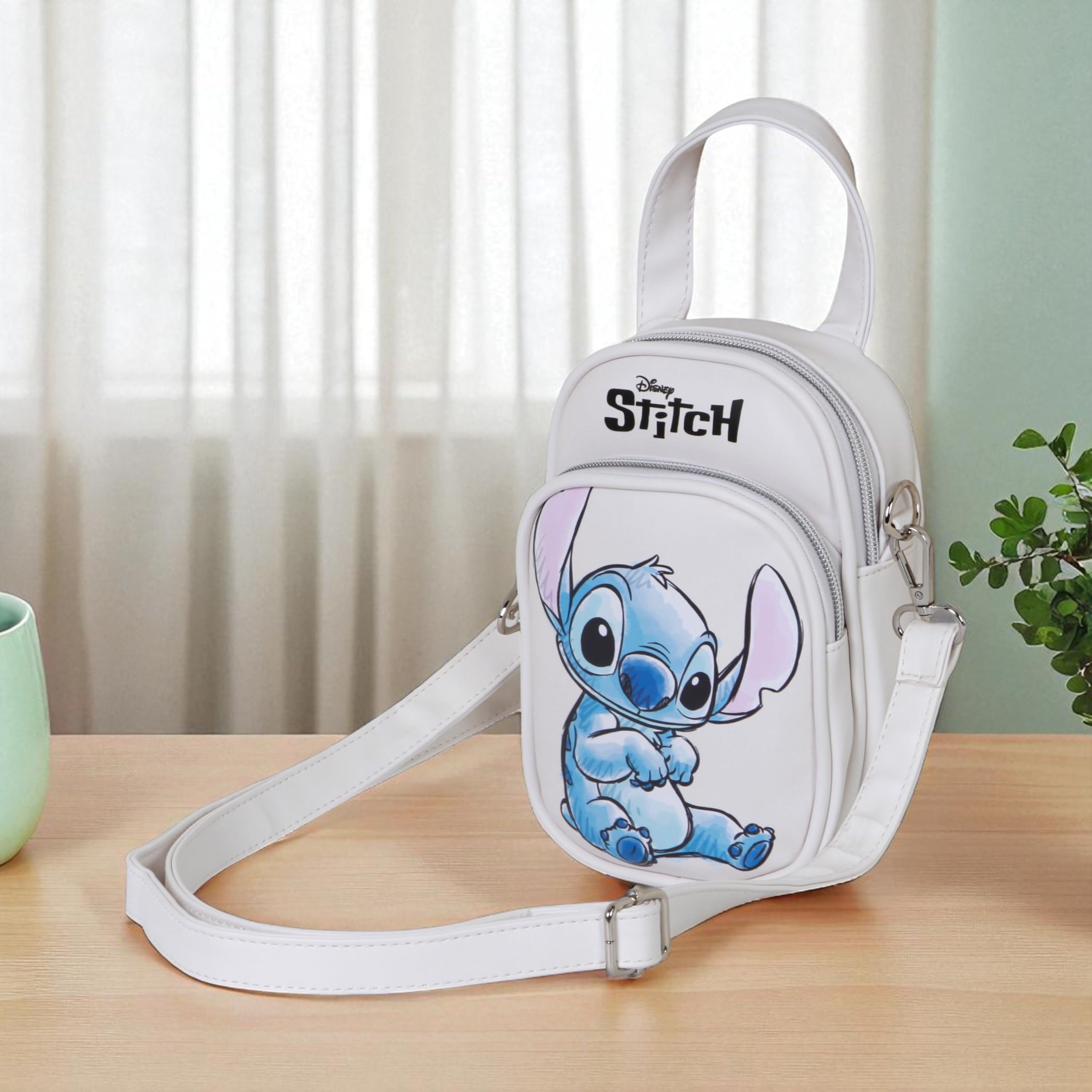 Disney Stitch mini torba na ramię z podwójną kieszenią - mała torebka damska 20 x 15 x 7 cm - kompaktowa beżowa konstrukcja z regulowanym paskiem i zamkami błyskawicznymi