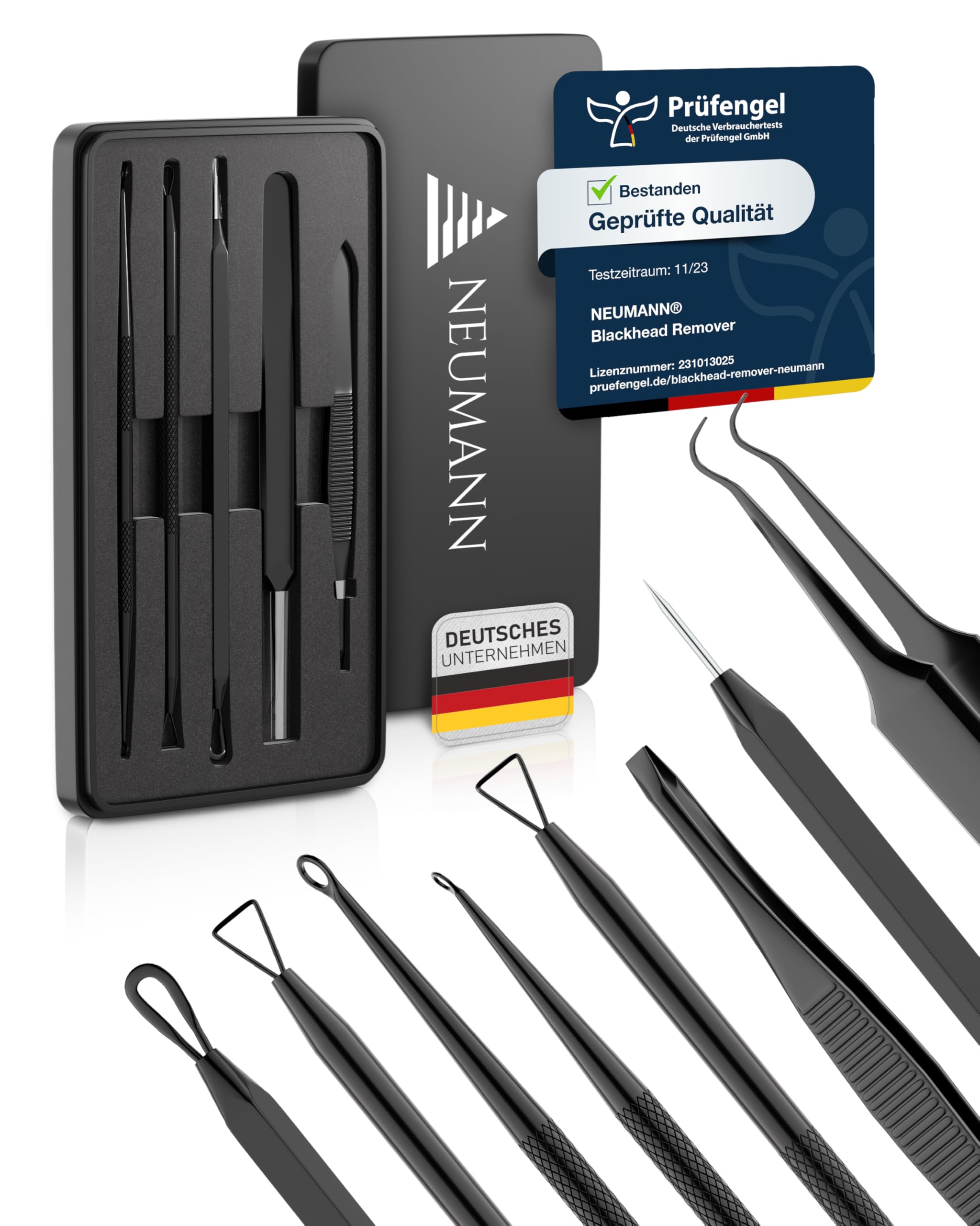NEUMANN® Mitesserentferner-Set (rostfreier Edelstahl) zum entfernen von Pickeln, Blackheads & co. - Komedonenquetscher, Heber, Remover - Verschiedene Tools: Schlingen, Pinzetten, Lanzette [Schwarz]
