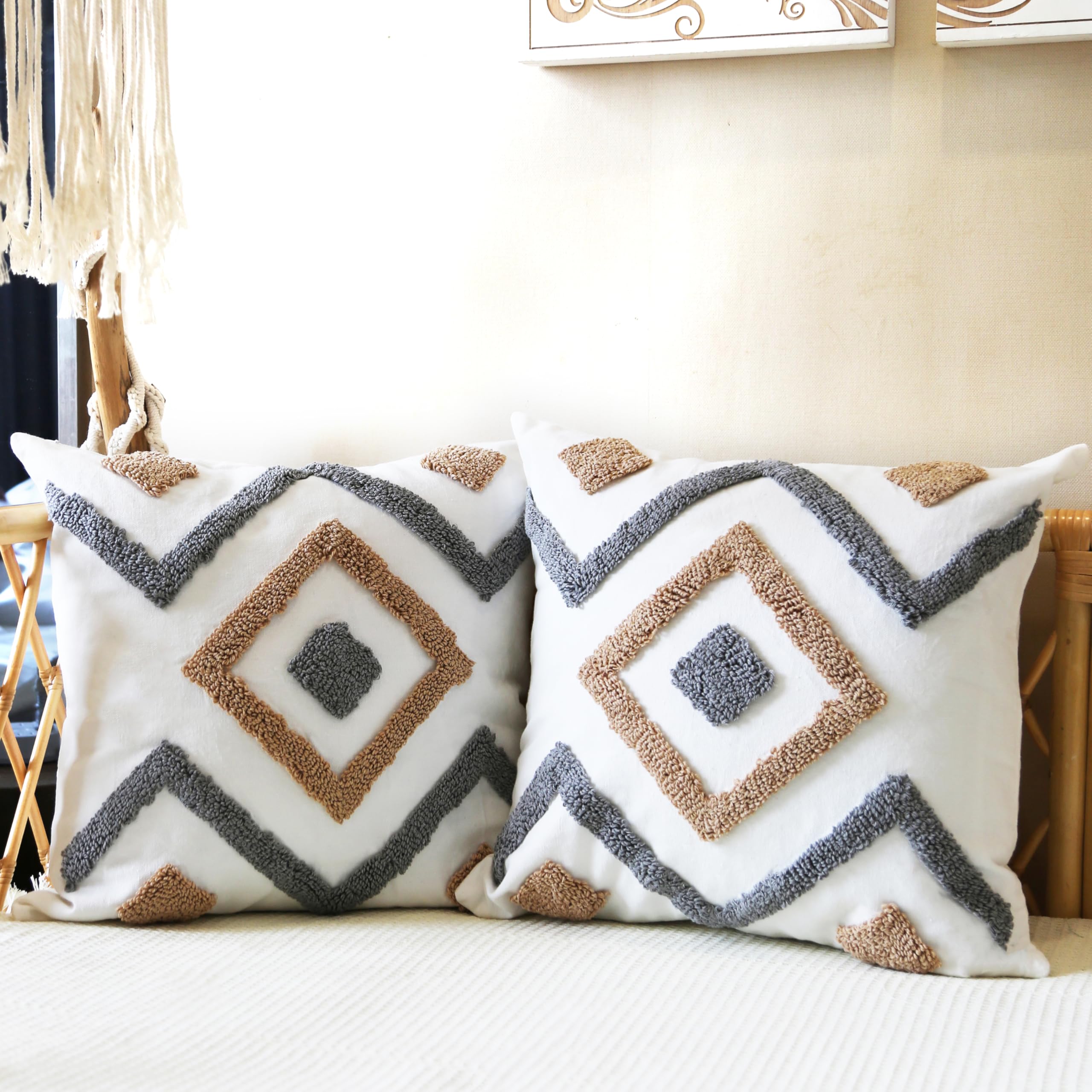 2 federe per cuscini ricamate in stile bohémien, bianco, grigio, marrone, per divano, casa colonica, lussuose federe per cuscini in stile shabby bohémien, 45 x 45 cm