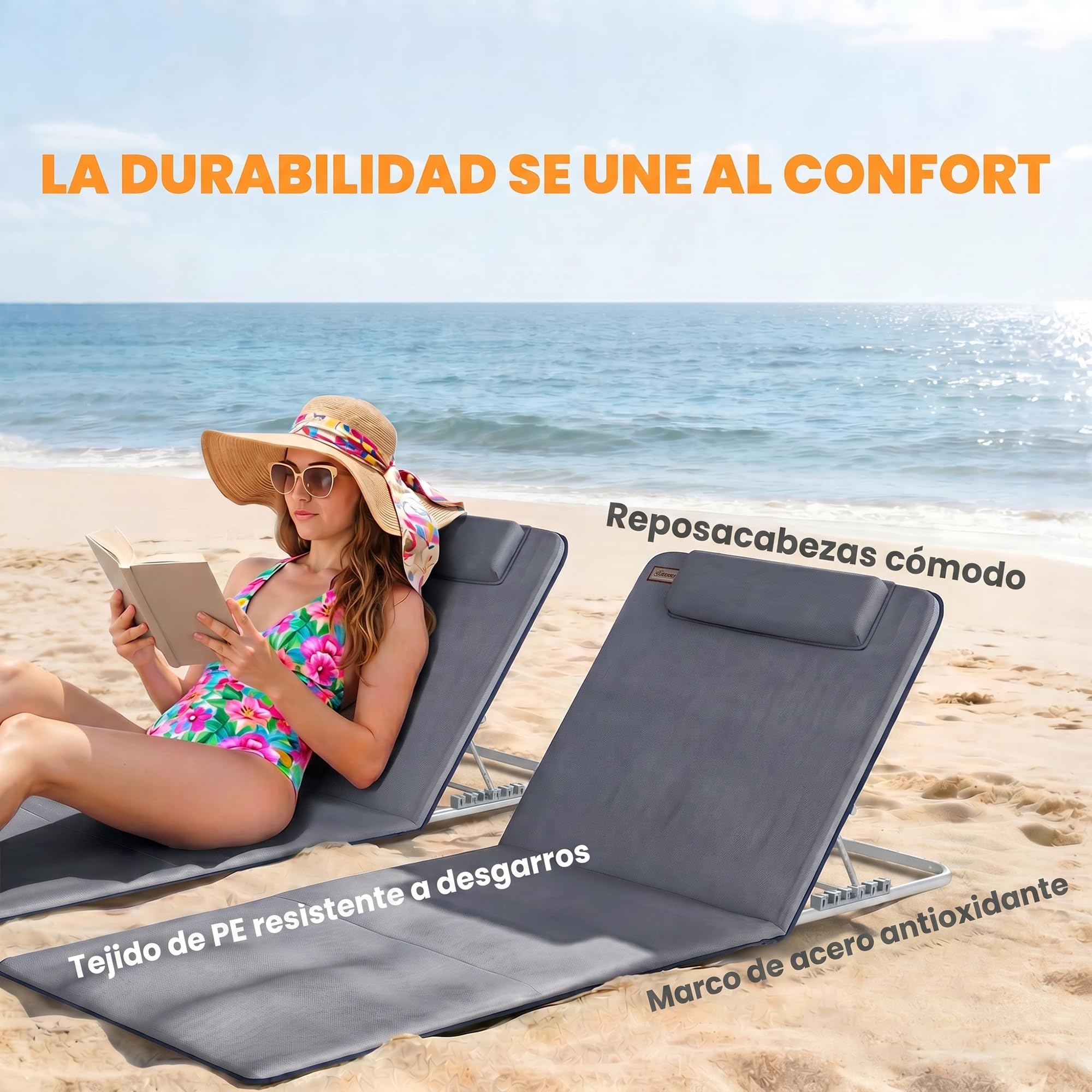 Outsunny Conjunto de 2 Esterillas de Playa Plegables, Esterillas con Respaldo Reclinable en 5 Niveles, Reposacabezas y Bolsa de Transporte, 134x48x33-43 cm, Gris
