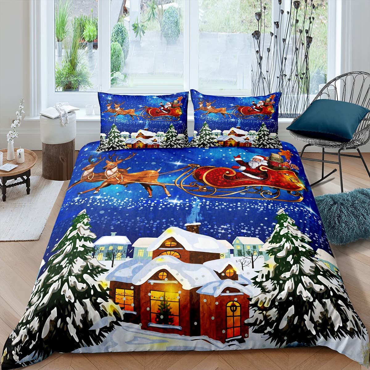 Zestaw pościeli bożonarodzeniowej 155 x 220 cm, Święty Mikołaj i łoś, jeleń, płatek śniegu, poszewka na kołdrę do sypialni, motyw bożonarodzeniowy, pocieszyciel/poszewka na kołdrę z 2