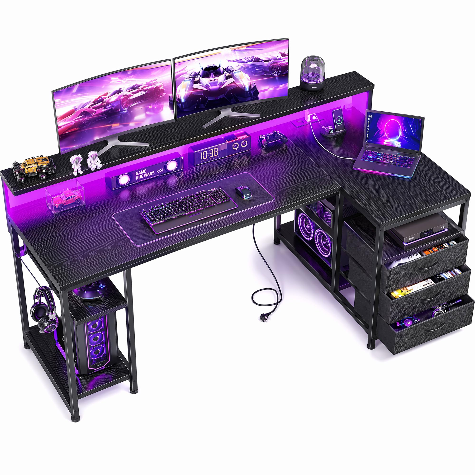 140x80 cm Forma de L Escritorio con 3 Cajones, LED, Soporte para Monitor, 2 Enchufes y 2 Puertos USB, Reversible Mesa Gaming con Gancho para Trabajo,Juegos,Estudiar,Homeoficina, Estudio, Negro