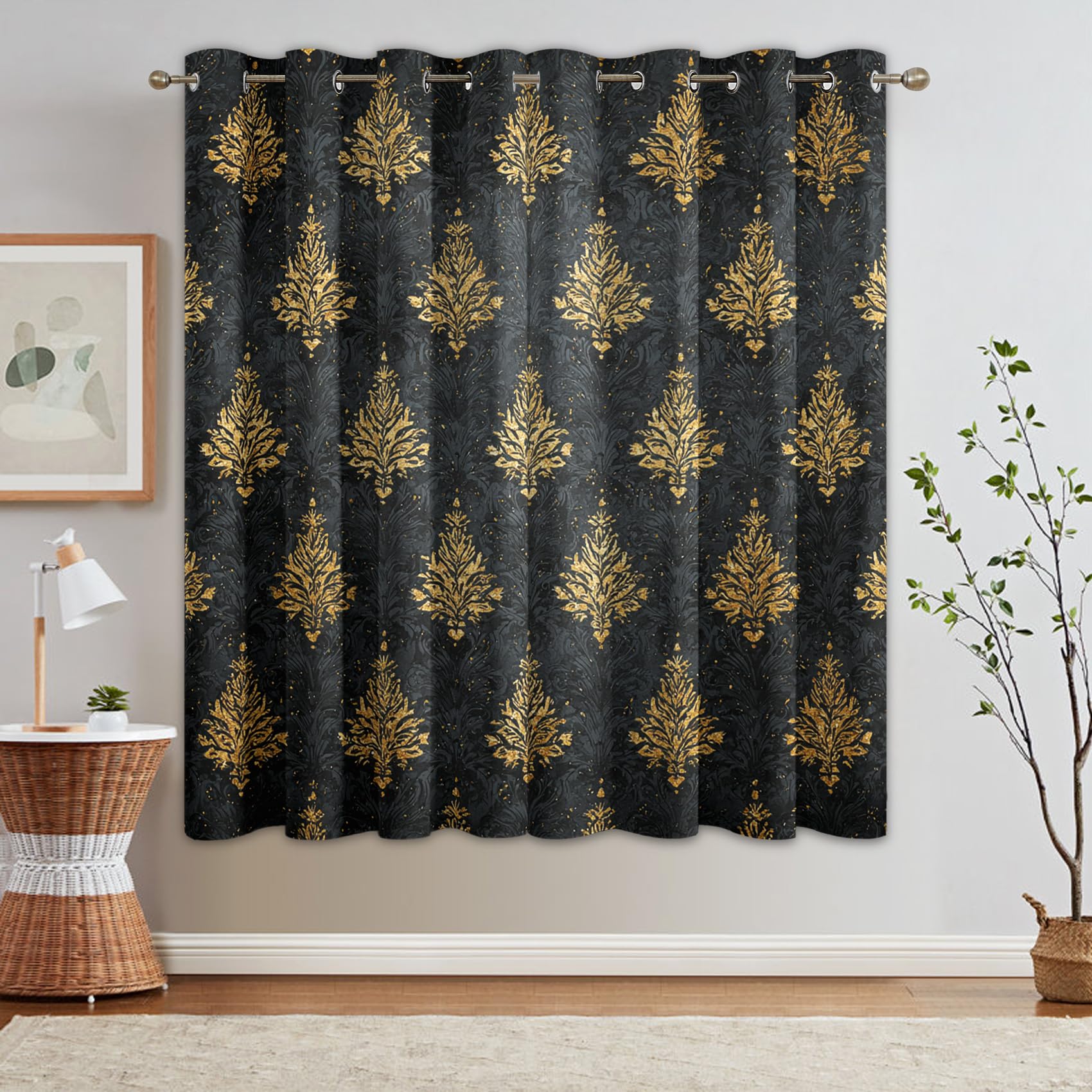 Generisch Blickdichte Vorhänge Schwarzes Damastmuster Muster, H 260 x B 140 2er Set - Viktorianischer Golden Blumen Fenster Gardinen mit Ösen, 260 cm Lang Curtains Wohnzimmer Schlafzimmer Deko S&V-27