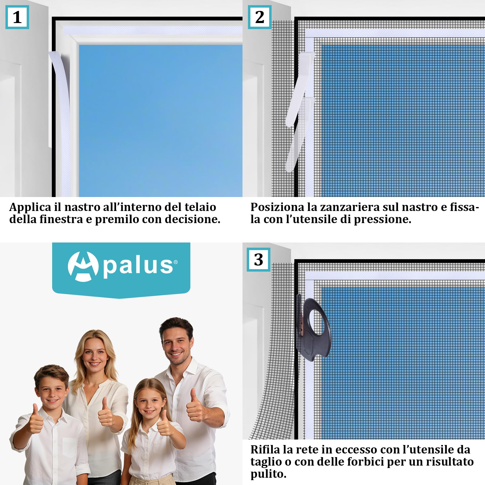 Apalus Zanzariera Universale Finestra 150 x 180 CM, Set 2 Pezzi – Rete Zanzariera Fissa Regolabile - CON Taglierino e Smoother per Installazione, Nera