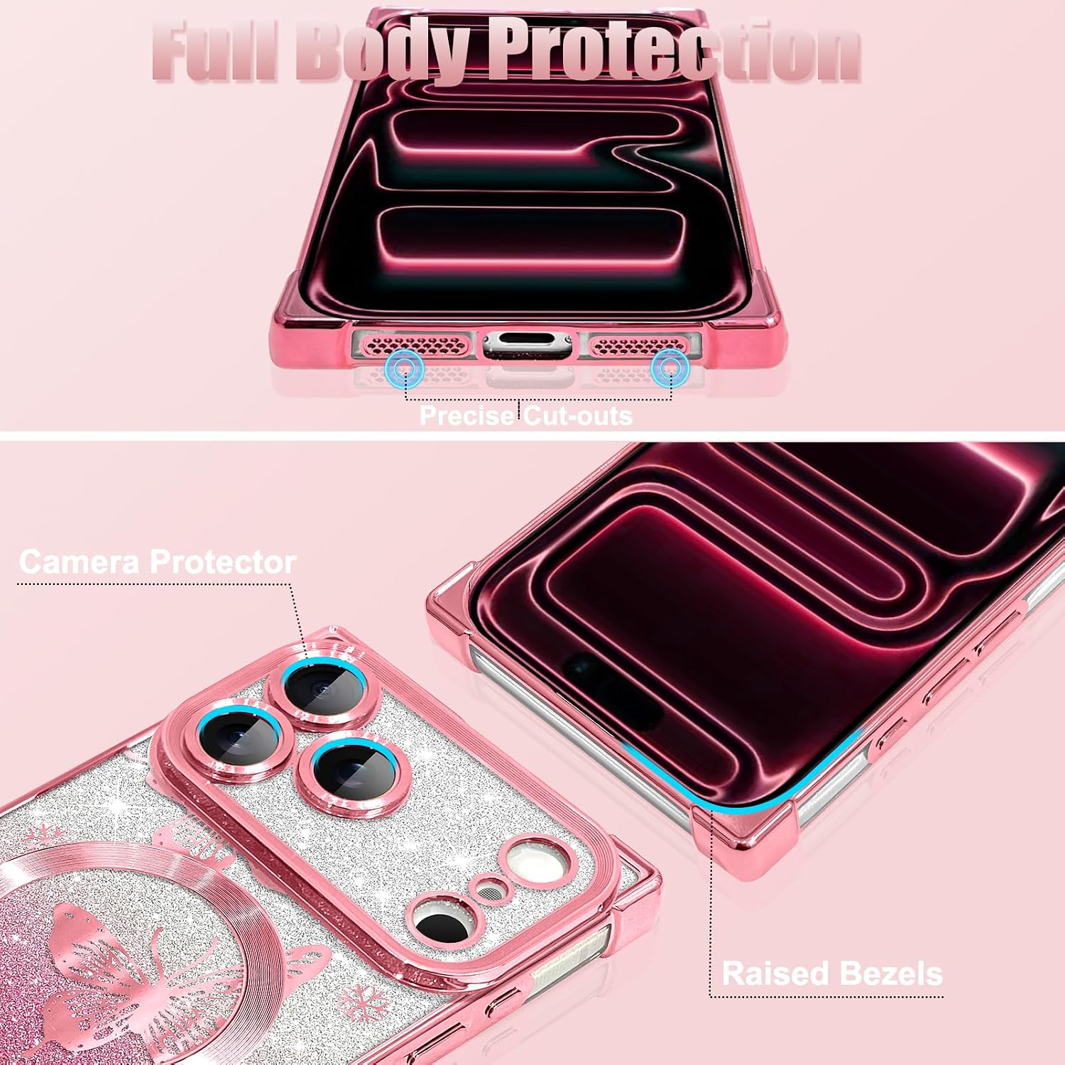 Magnetic Case Made for iPhone 17 Pro Max 6.9 Inch (Compatible with MagSafe) Glitter Phone Case with Pink Butterfly Design Soft TPU Reinforced Corners Shockproof Bling Phone Cover for Women