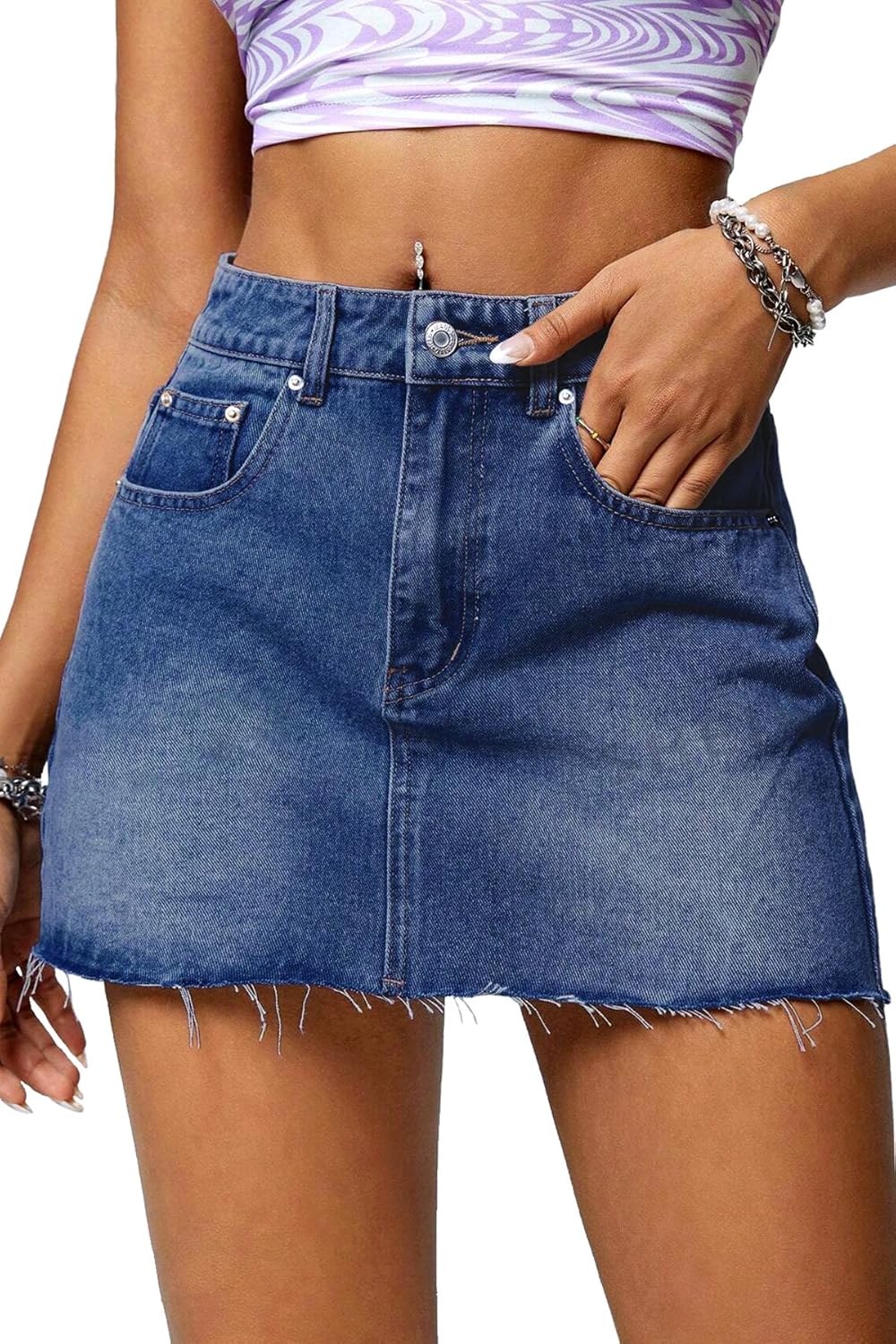 ELLEVEN Denim Skirt Women Mini Low Waist Stretchy Raw Hem Jean Skirt with Pockets