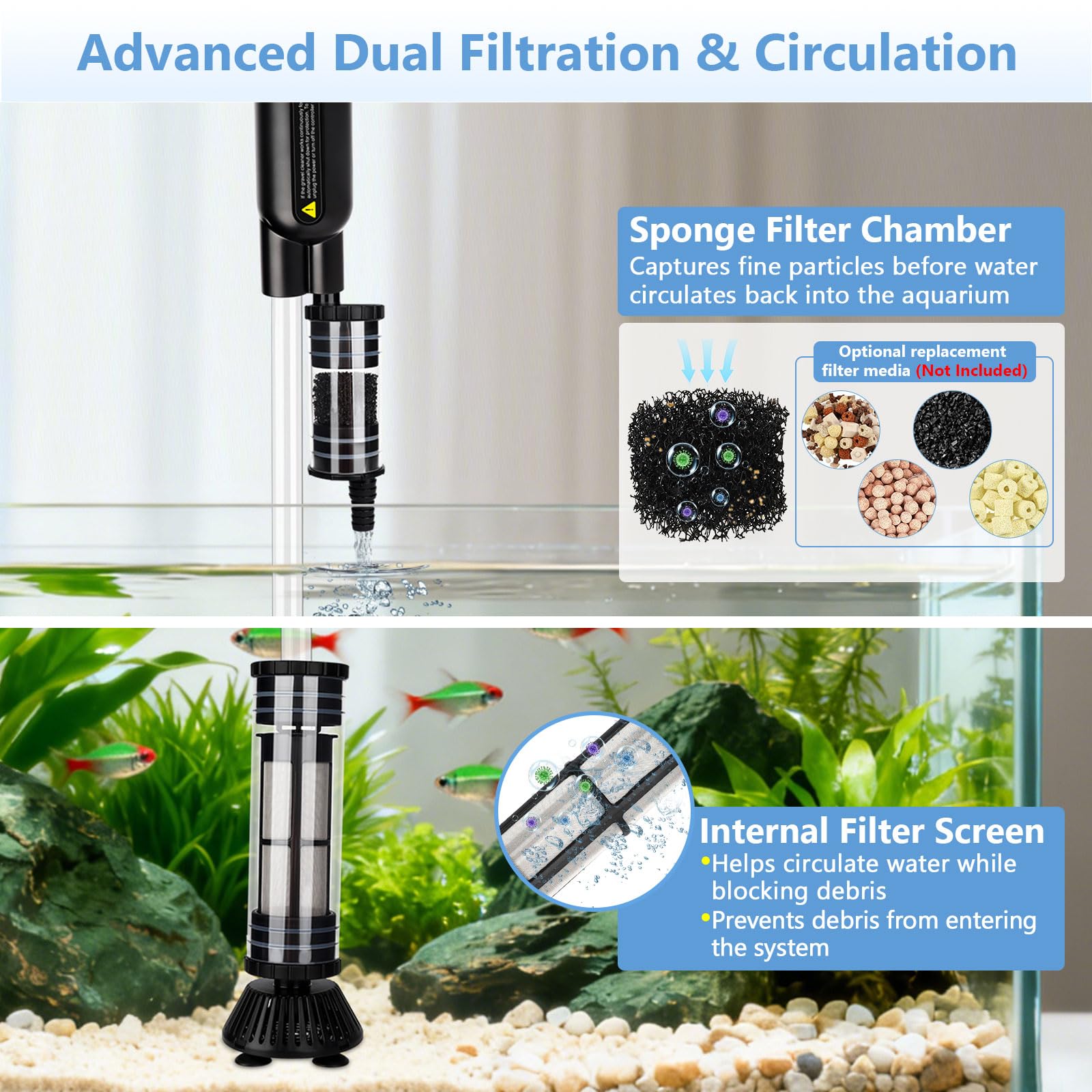 AQQA Limpiador de grava para acuario, limpiador de peceras mejorado de CC 18 W, kit de limpieza de arena ajustable para acuario, limpiador eléctrico 7 en 1 para peceras, limpiador de grava para cambio