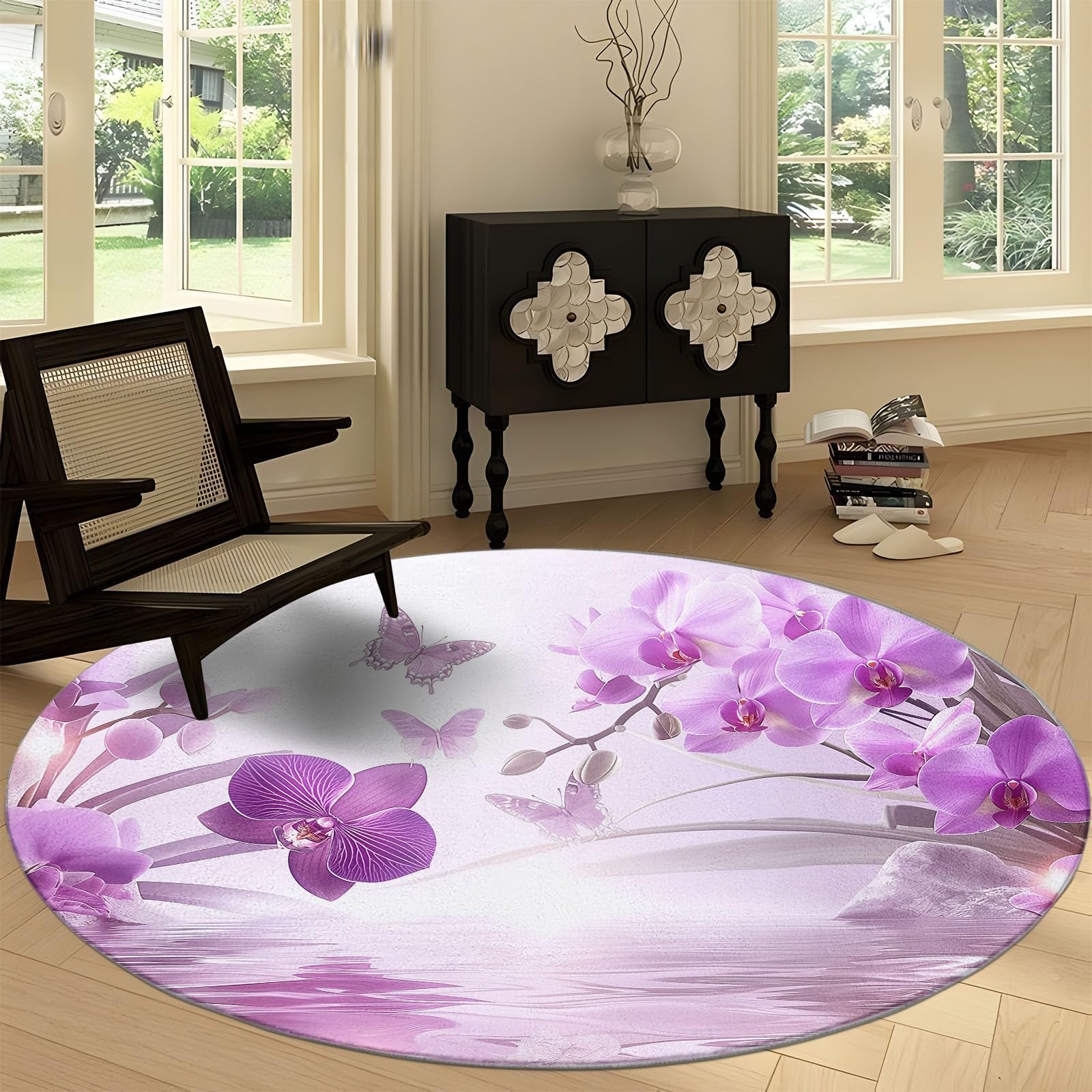 Washable 8' x 8' Round Area Rug, Plants and Butterflies Non Slip Low-Pile Floor 8 ft Circle Rugs, Purple Flower Orchid Printed Doormat Soft Carpets