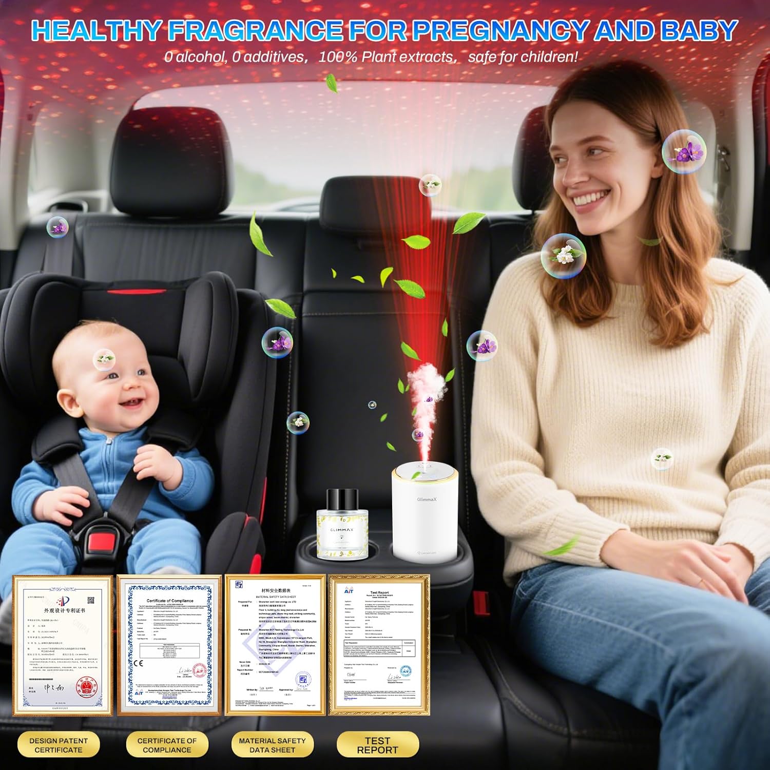 GlimmaX Smart Car Air Diffuser in a car with a baby and adult, highlighting safety.