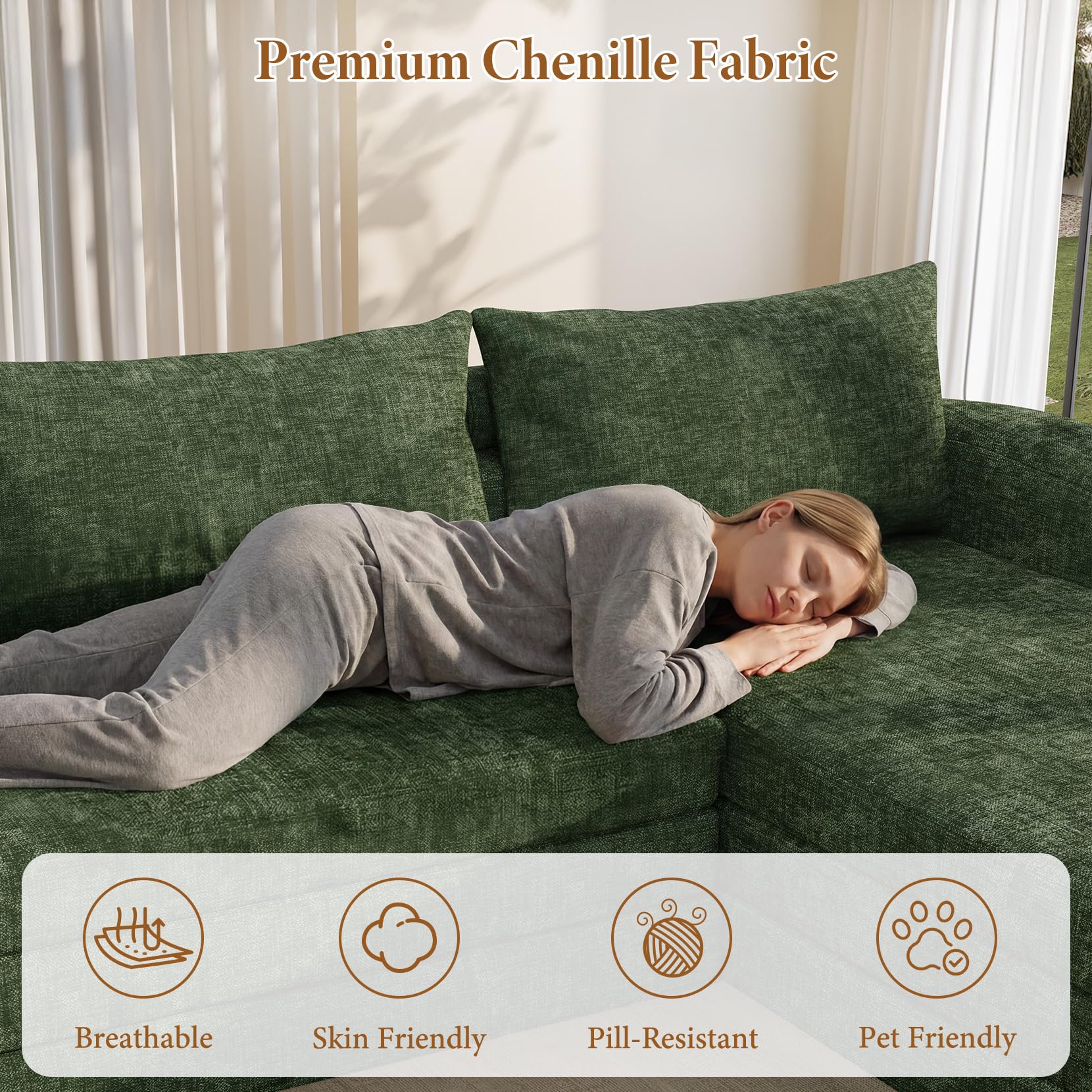 Vesgantti 6 in 1 Convertible Folding Sleeper Sofa Bed, No Assembly, Green | 110.2" L Shaped Modular Sectional Sofa, Curved Armrest, Deep Seat Boneless Couches for Living Room, Chenille, Right Facing