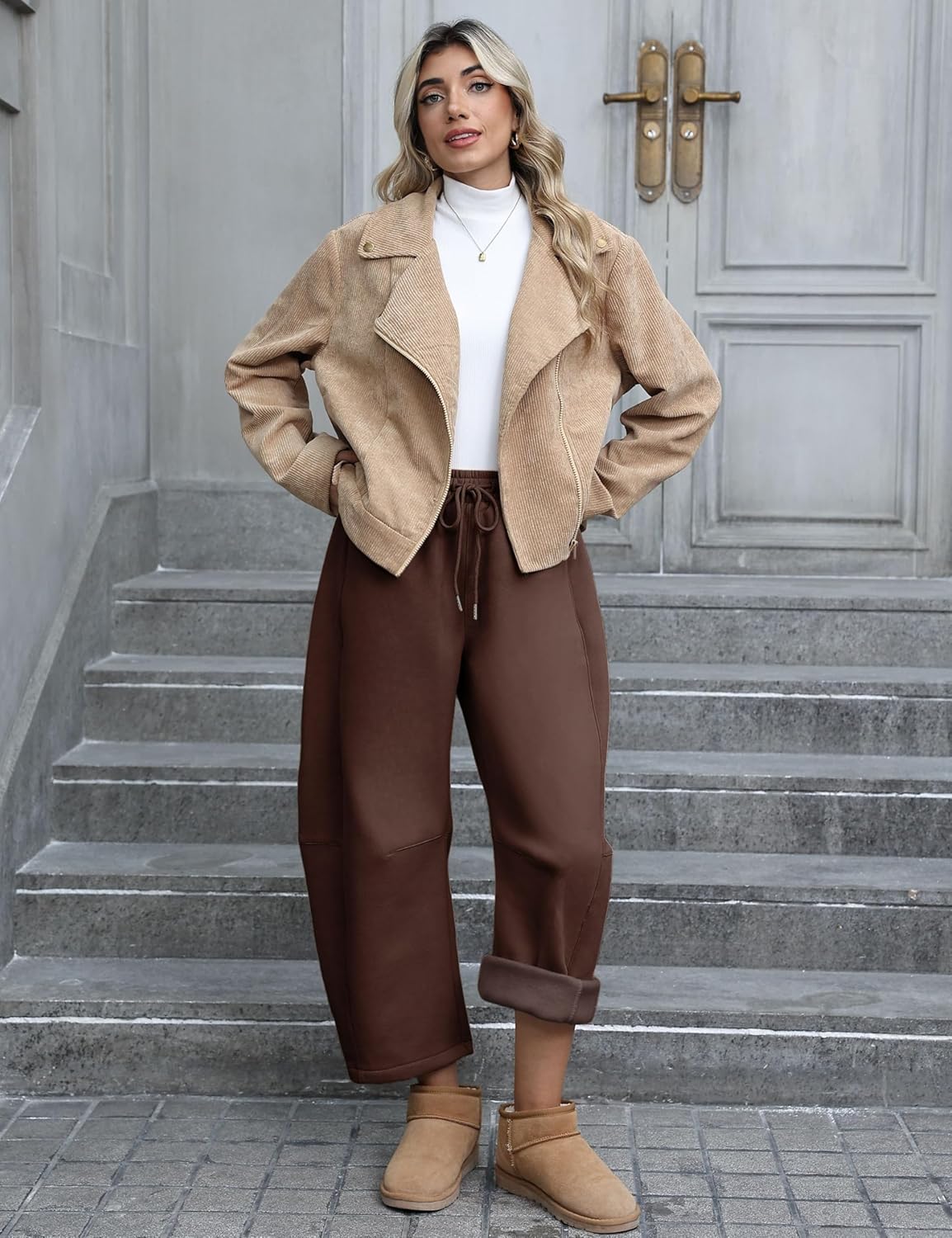 Hongsui Women's Baggy Sweatpants Fleece Lined Fall Winter Barrel Leg Pants Casual Drawstring Palazzo Pants with Pockets - Image 2