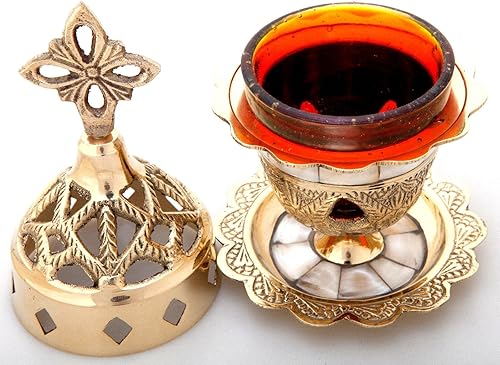 Miniatura 3 de Lámpara de aceite votiva de bronce cristiano griego ortodoxo con vidrio rojo - 9353Mop