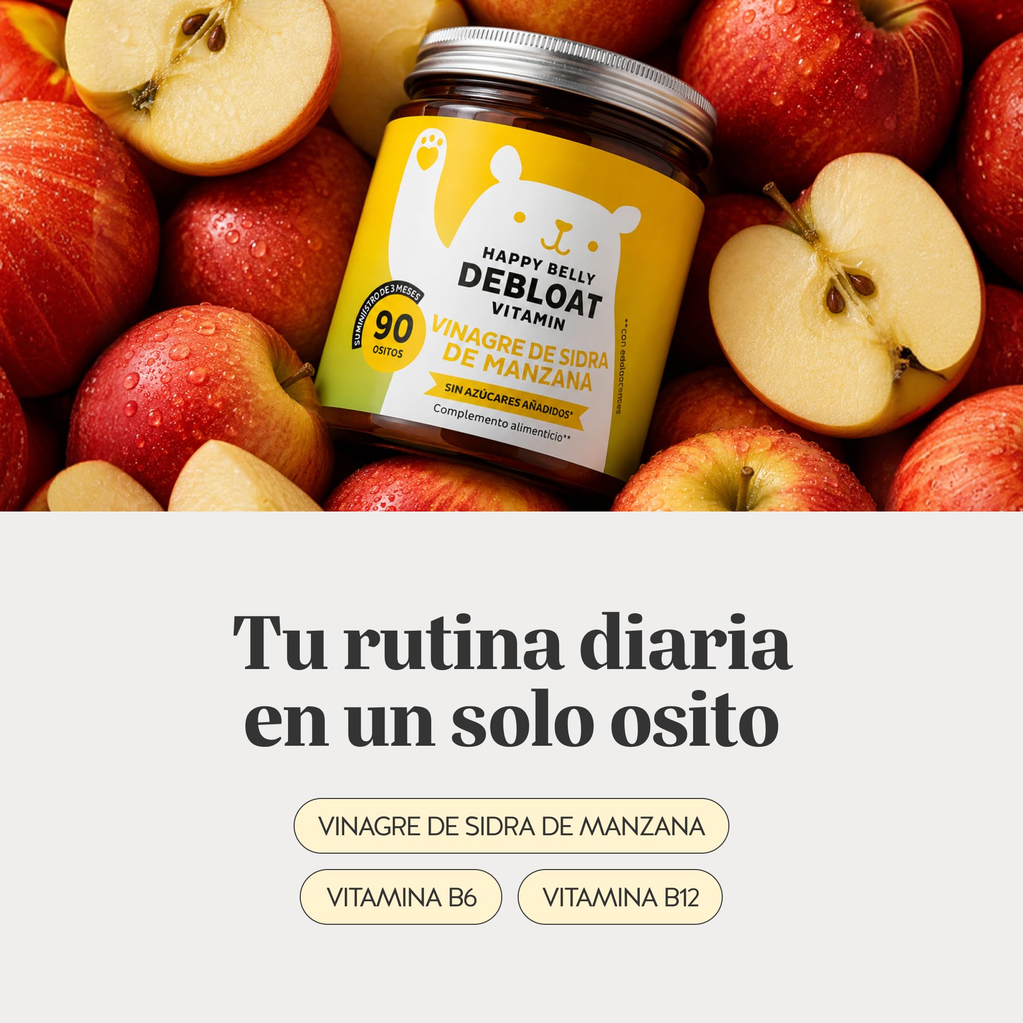 Bears with Benefits - Vinagre de Sidra de Manzana - Digestión - 90 unidades | Happy Belly Debloat - Vinagre de Sidra de Manzana, Vitamine B12, B6 - Cura de 3 meses - Sin Azúcar, Vegano