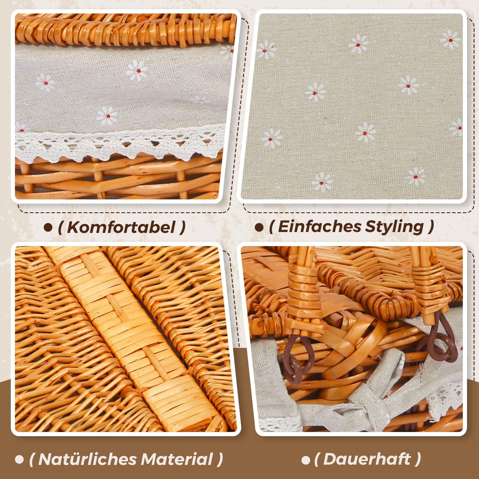 Juego de cesta de picnic de mimbre para 4 personas con tapa y asa, cesta de picnic con forro lavable y juego de cubiertos para exteriores, camping, Halloween, Navidad y cumpleaños
