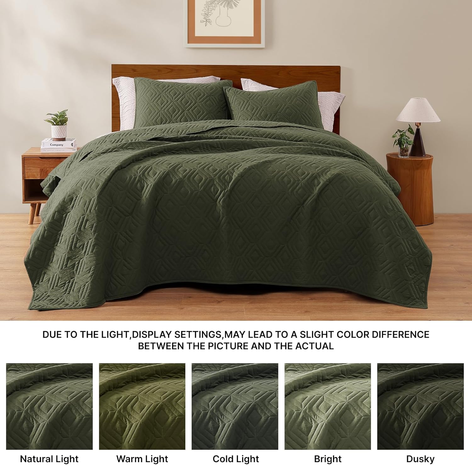 WRENSONGE Queen Quilt-3 Pieces Geometric Olive Green Bedspreads Queen Size Quilt Bedding Set for All Seasons, Soft Summer Coverlet with 2 Pillow Shams Suitable for Bed, Couch, Quilted Blanket - Image 7