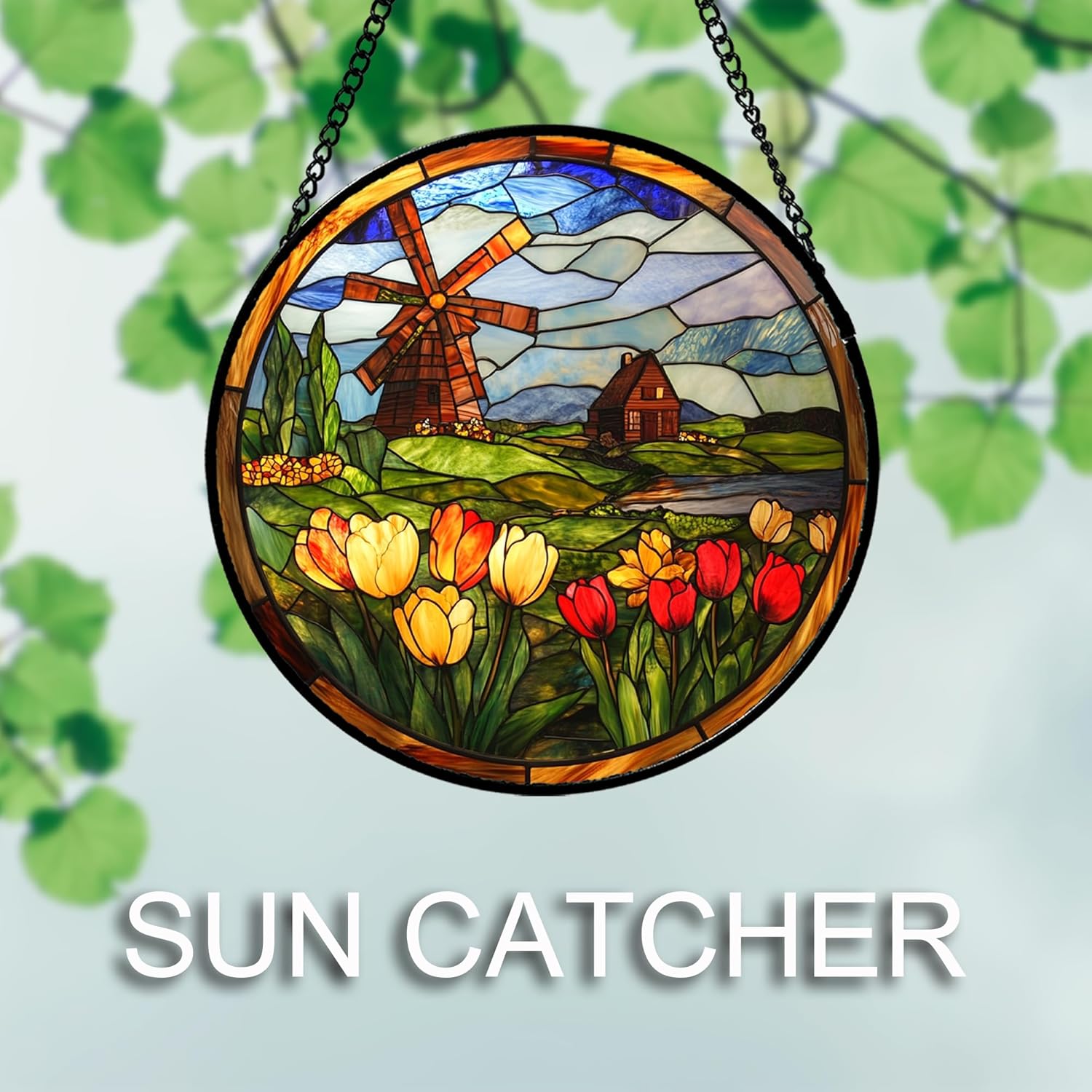 Stained Glass Window Hanging Tulip Windmill Farm Landscape 6.3" - Flower Suncatcher Door Garden Sun Catcher Decor Birthday Christmas for Mom Woman Nana Friend Wife