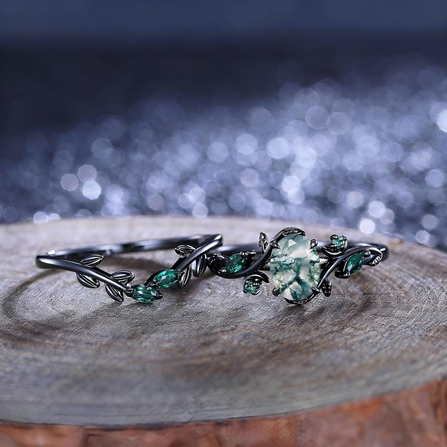 High-grade Moss Agate Wedding Ring Set 925 Sterling Silver /10k/14k/18k Black Gold Green Moss Jewelry Rings Wedding Band for Women for Anniversary Engagement Free Engrave - Image 2