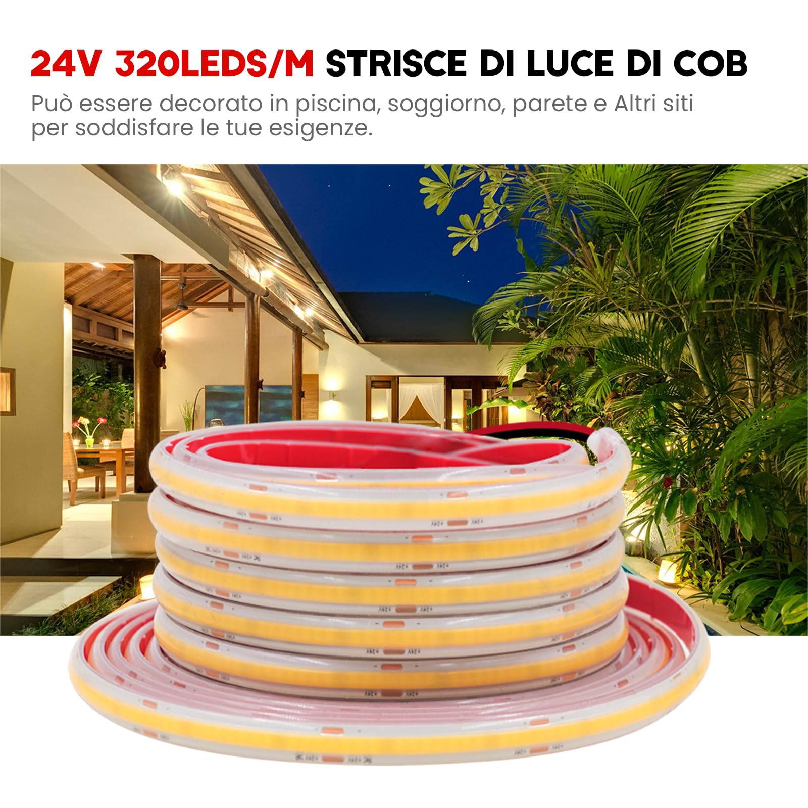 Wisada 24V COB LED Strip Light, 320 LEDs/m, IP68 Impermeabile, Flessibile Striscia di Luce LED per Rooflight Soggiorno Cucina Decorazione (Bianco Caldo (3000-3500K), 2M)