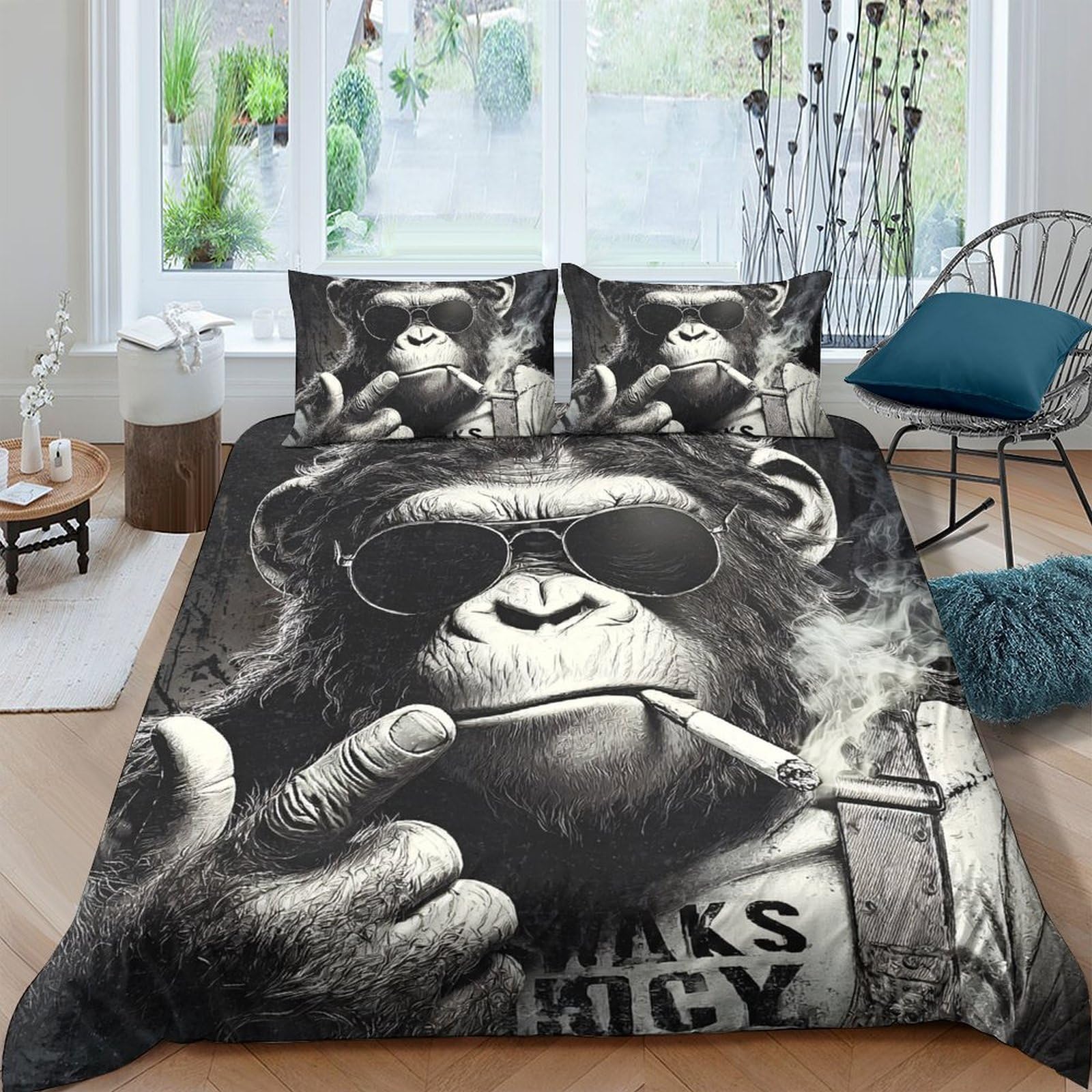 Ctjqhvkz Style-1 3D Printed Cool Monkey Fitted Sheet Microfiber Unique Smoking Ape Mattress Cover Anti-Slip Machine Washable Bedroom Decor Single（135X200cm）