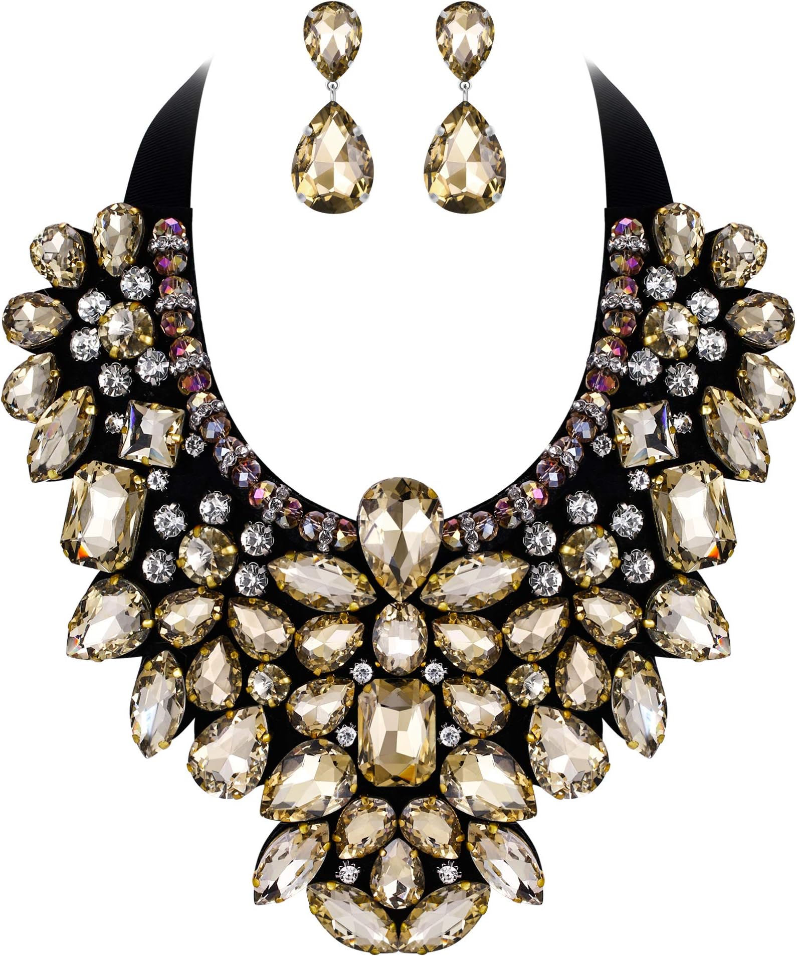 Flyonce コスチュームジュエリー レディース 9色 ラインストーン クリスタル ステートメントネックレス イヤリングセット, クリスタル