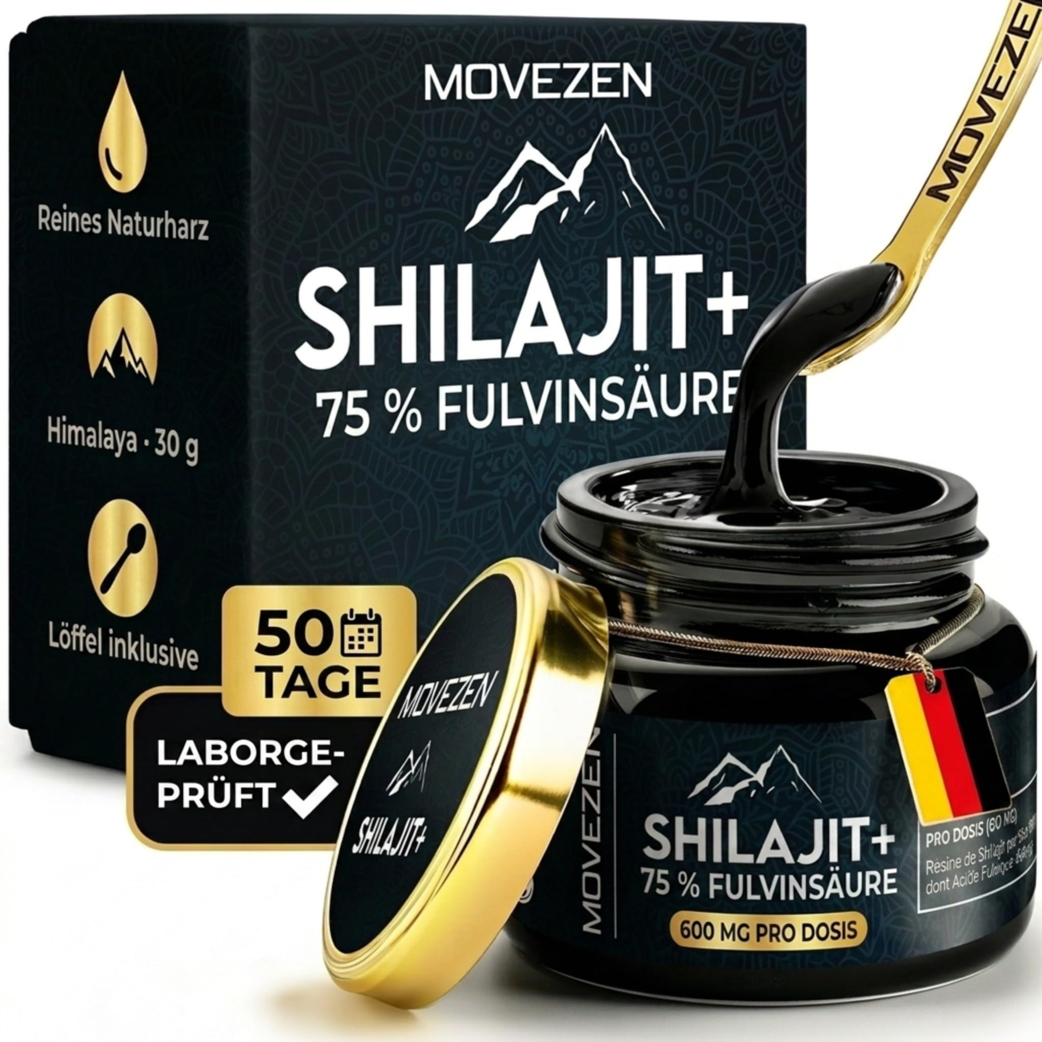 Shilajit Harz 30g Movezen, 100% reines Himalaya Mumijo, hochdosiert ≥75% Fulvinsäure, 85+ Mineralien, Gold Qualität, laborgeprüft, in Deutschland registriert & versandt, ohne Zusatzstoffe, 50 Tage