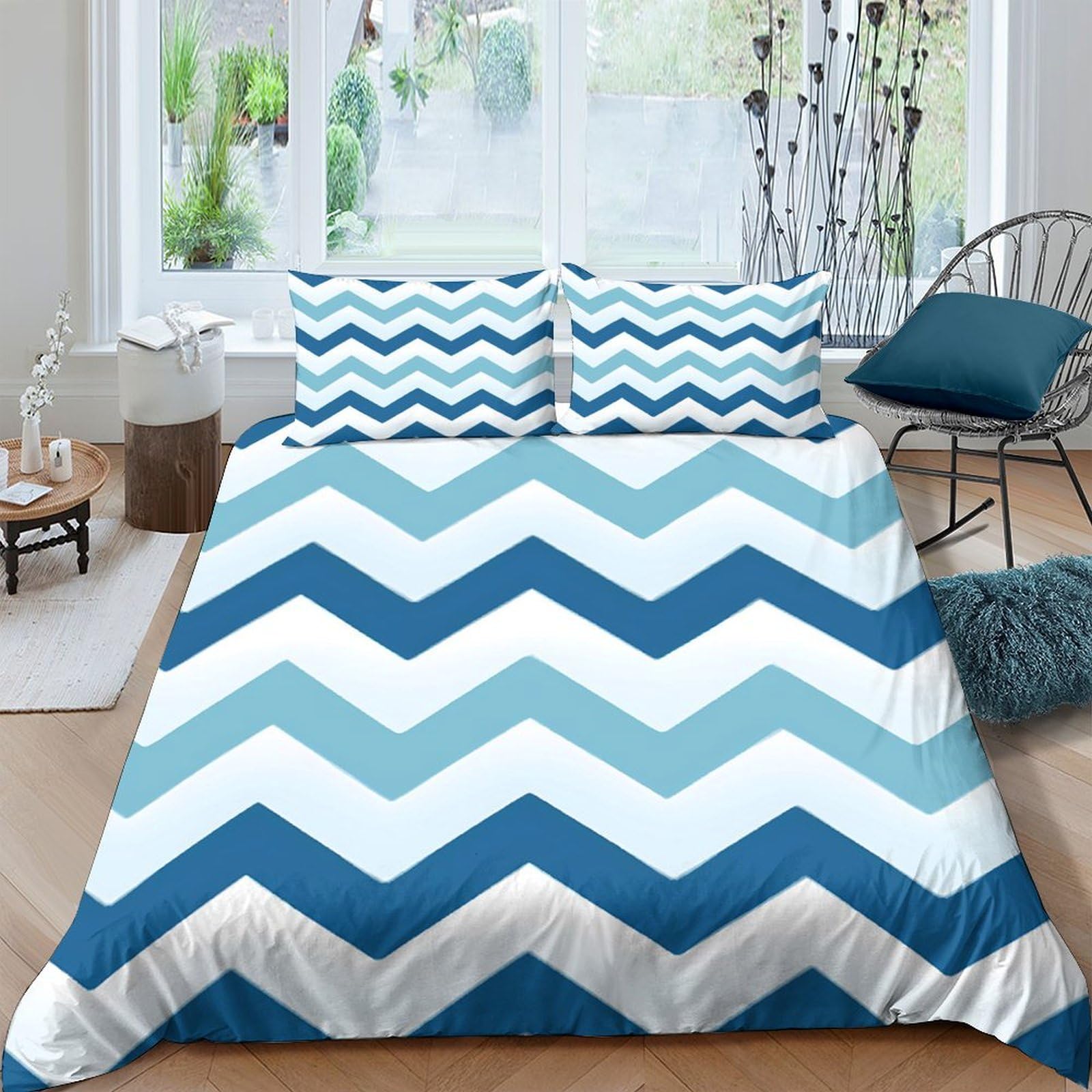 Ctjqhvkz Style-6 3D Printed Blue Chevron Fitted Sheet Microfiber Soft Breathable Zigzag Pattern Bed Cover For Bedroom Guest Room Decor Single（135X200cm）