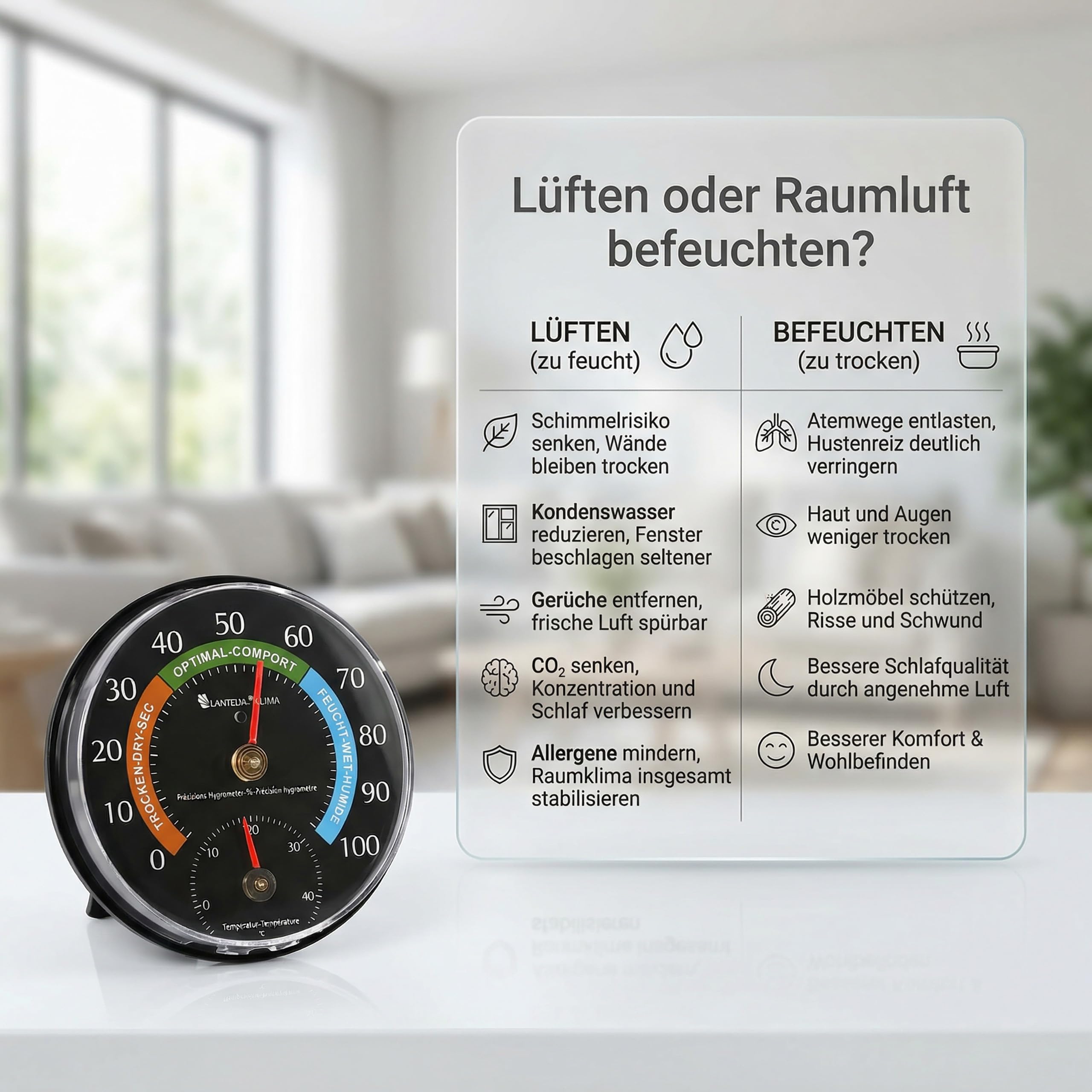 Lantelme 4 Stück Kombi Hygrometer und Thermometer Set | Analog für Innenräume | Luftfeuchtigkeits- und Temperaturmesser für Zimmer Landwirtschaft Gewächshaus | Unterstützt ein gesundes Raumklima