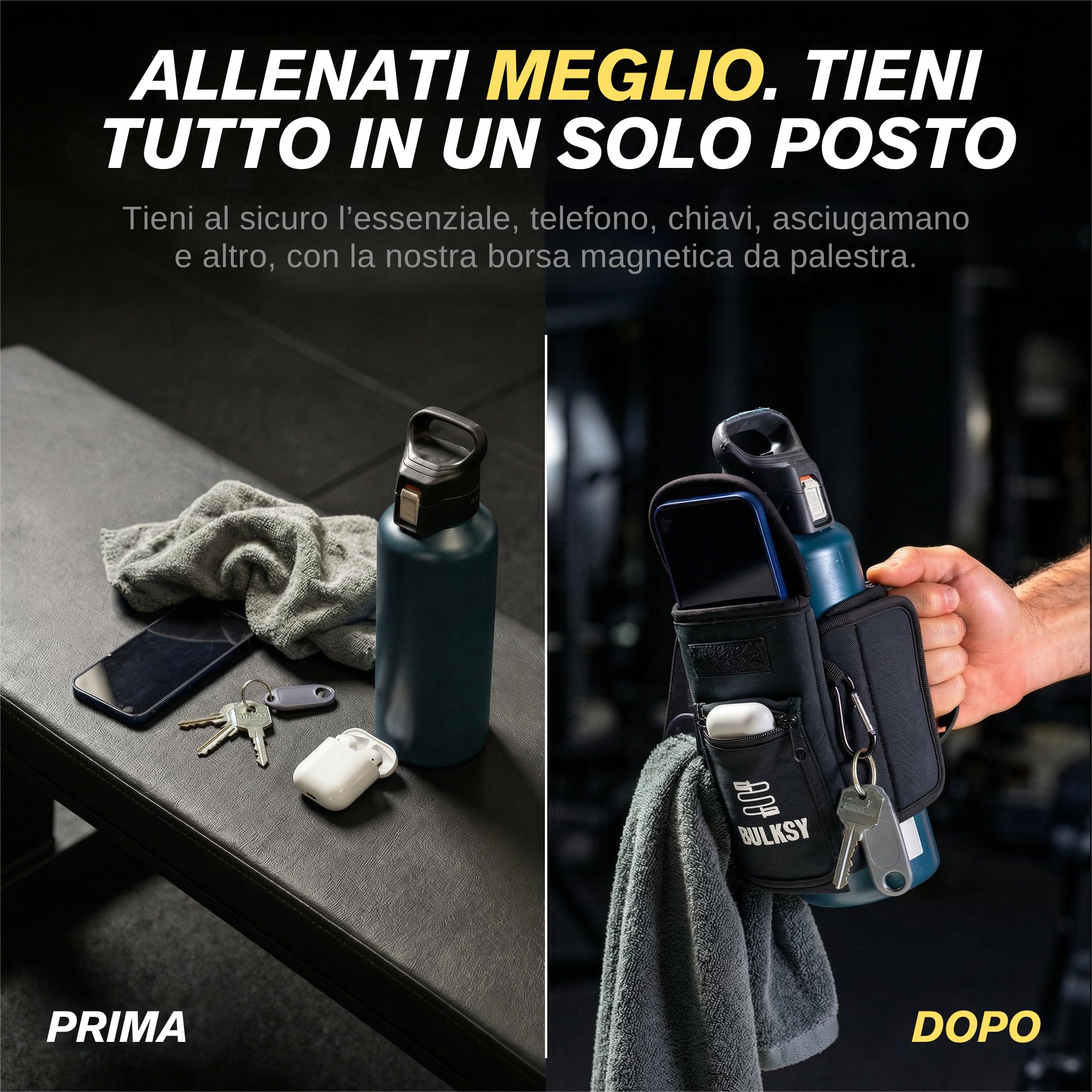 Borsa Magnetica per Accessori Palestra - Porta Borraccia con Tasca Smartphone e AirPods - Borsa Magnetica Palestra Accessori Versatile - Magnete per Macchinari Palestra - Adatta a Bottiglie 1L &1,5L
