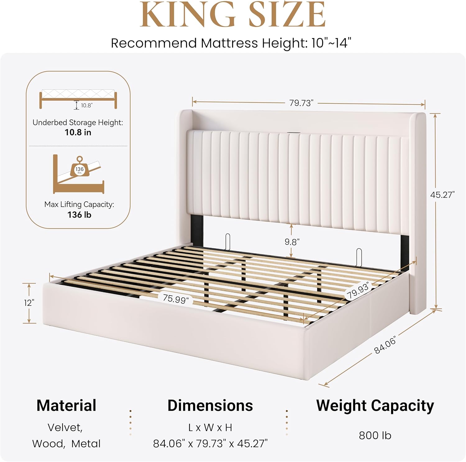 SHA CERLIN King Size Lift Up Storage Bed Frame with Charging Station/USB,Type-C Port/Storage Headboard/Velvet Upholstered/Hydraulic Support/No Box Spring Needed/Noise Free/White