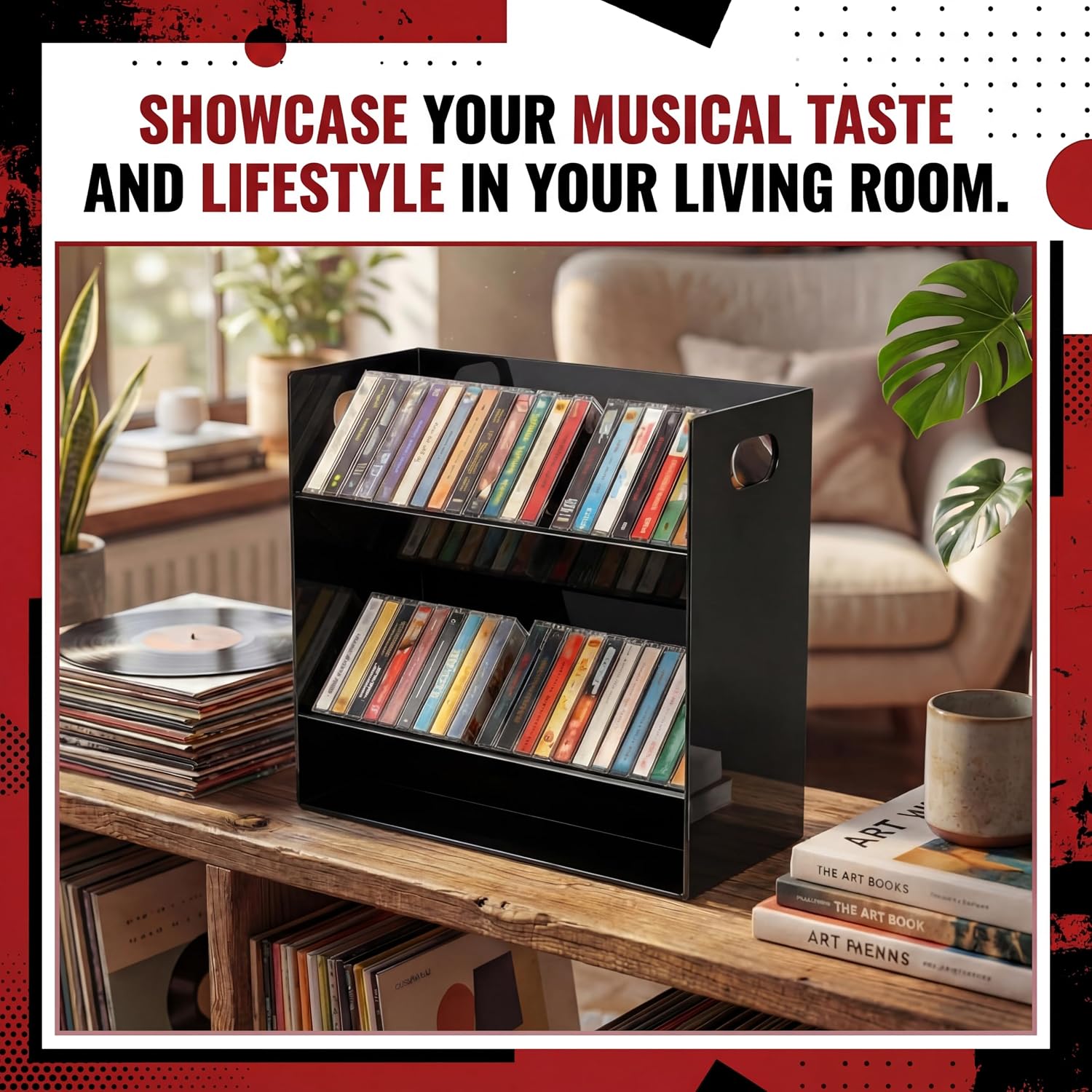 Kathfly Clear Acrylic Cassette Tape Holder Modern 2 Tier Retro Audio Tape Deck Storage Display Rack Case with Cutout Handles for Desks Shelves Living Rooms Studios Workspaces (Black)
