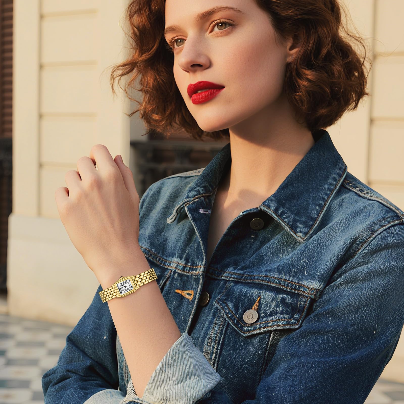 CNYXCN Relojes dorados para mujer con caja rectangular, esfera romana, pulsera vintage, fecha automática, resistente al agua, herramienta de ajuste incluida