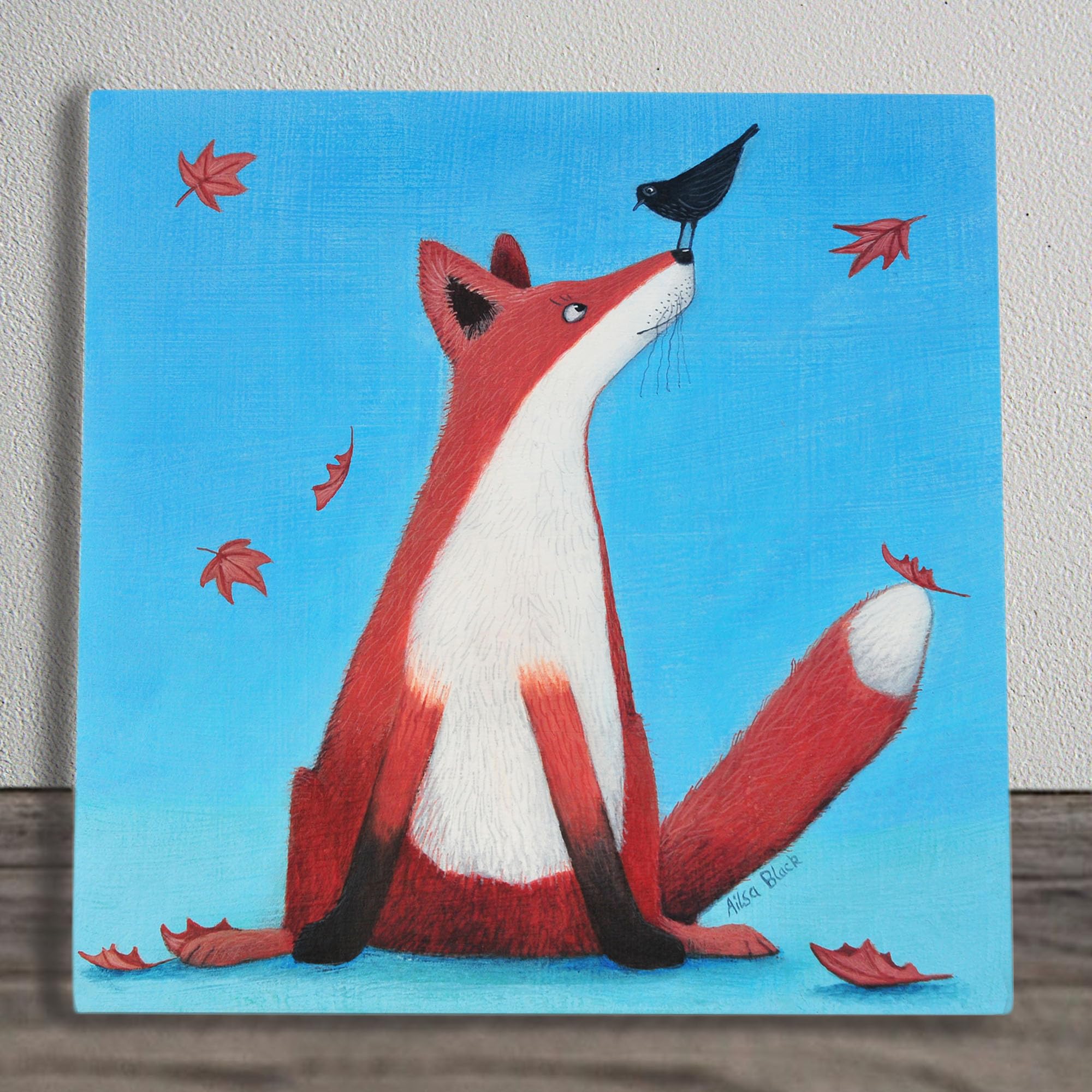 Global Designs Multi Fox & Bird Ceramic Tile Picture Plaque Sign Wall Or Freestanding Foxy Tails Art By Alisa Black 20X20cm