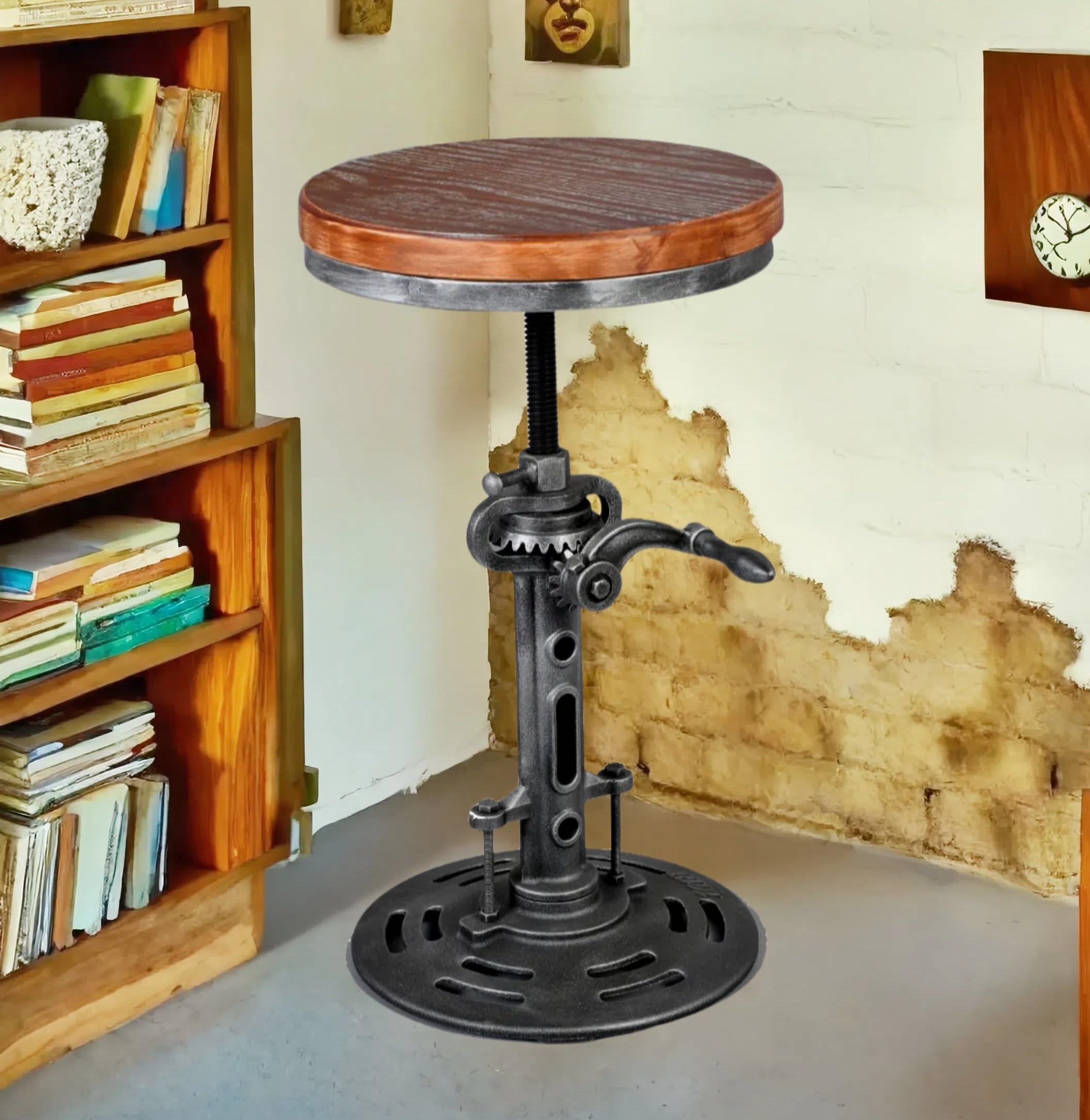 Taburete de manivela industrial antiguo de bricolaje con base de hierro fundido Taburete de bar de diseño de metal de altura ajustable Silla de barra de 5