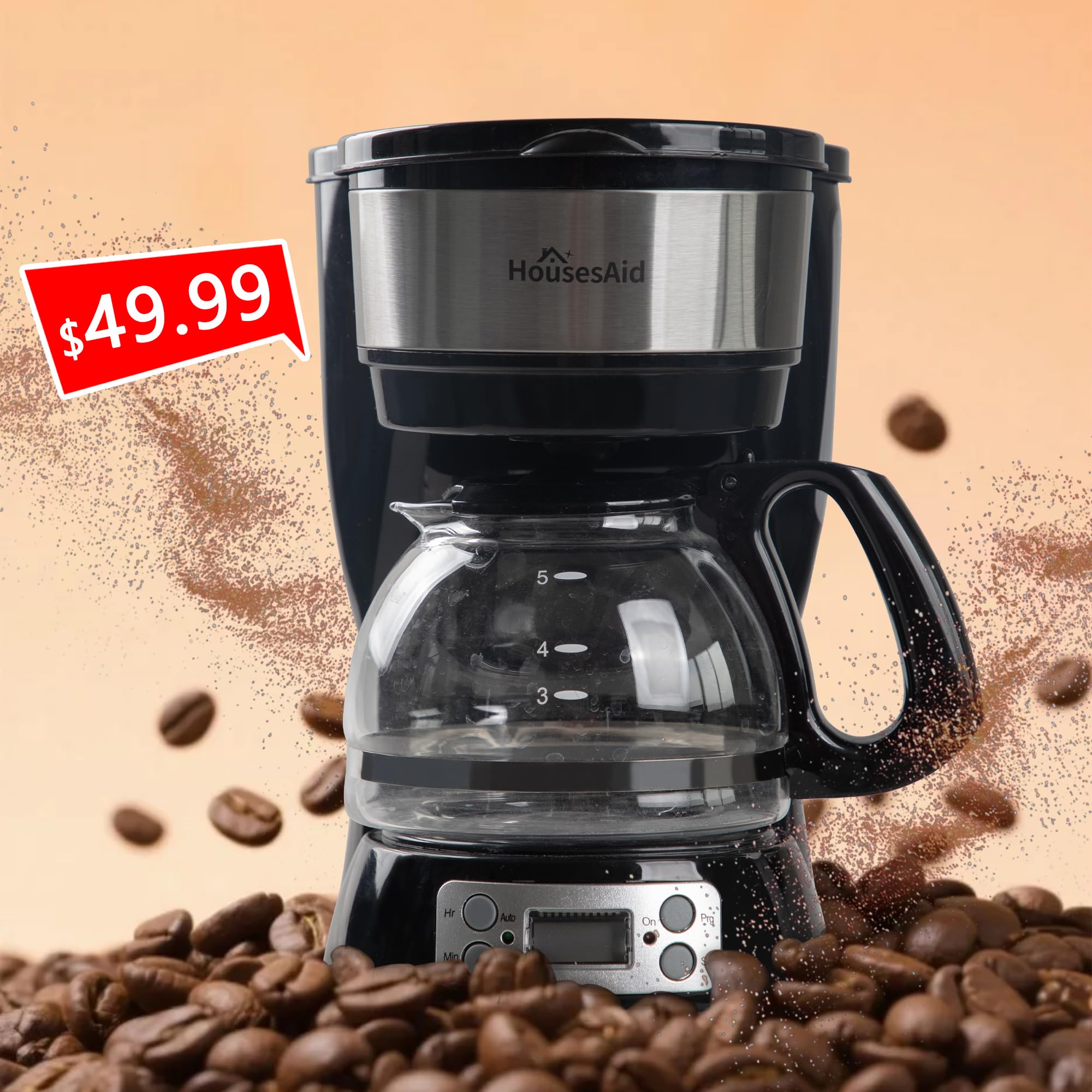 5-Cup Programmable Drip Coffee Maker with Digital Timer, Glass Carafe,24-Hour Auto Brew,2-Hour Auto Shut-Off, Pause & Pour, Removable Filter Basket,Compact Coffee Machine for Home & Office - 3