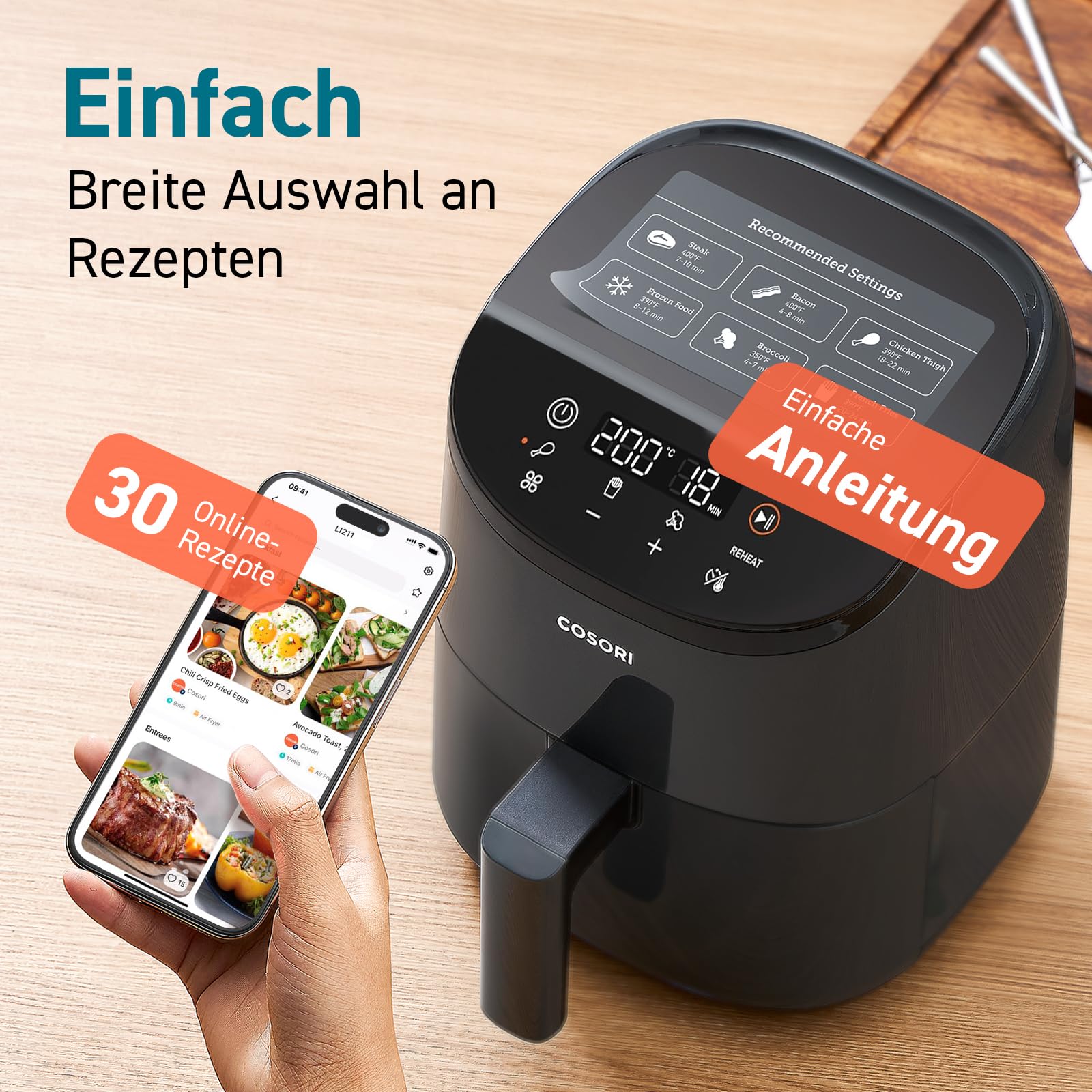 COSORI Heißluftfritteuse klein 2L, Mini-Airfryer für 1 Person, ideal für Camping, Reisen und Wohnmobile, schnell, kompakt, ohne Öl, energiesparend, Helles Schwarz, Dunkelgrau