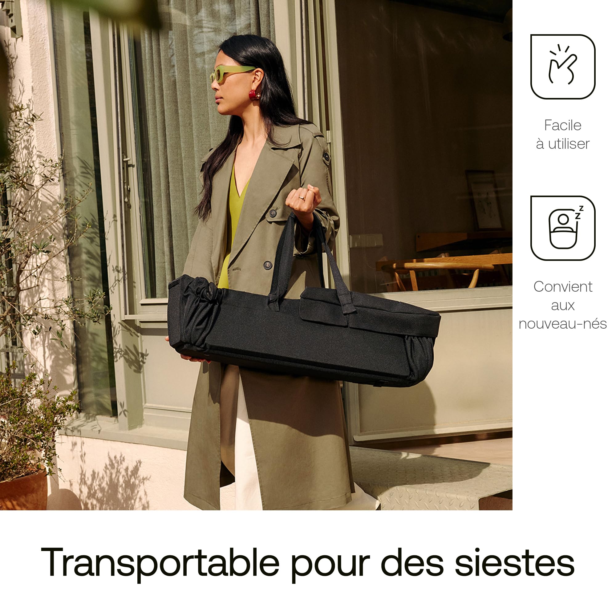 Bugaboo Baby Nest – Nacelle & chancelière 2-en-1, Sangles de Transport, se déplie en Matelas Coton et Tapis de Jeu, Compatible avec Les poussettes, utilisable dès la Naissance – Heritage Black