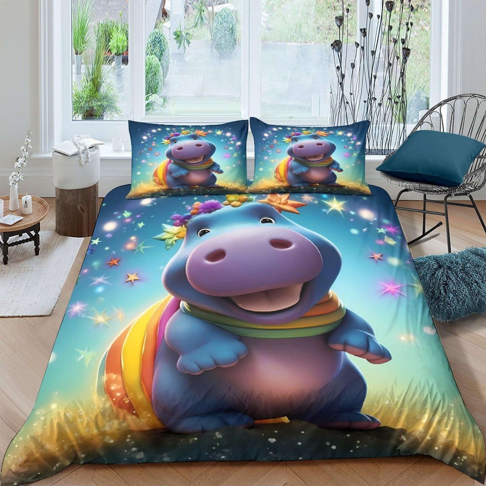 Ctjqhvkz Style-6 3D Printed Colourful Hippo Fitted Sheet Microfiber Soft Decorative Cartoon Animal Bed Cover For Bedroom Dorm Apartment Single（135X200cm）