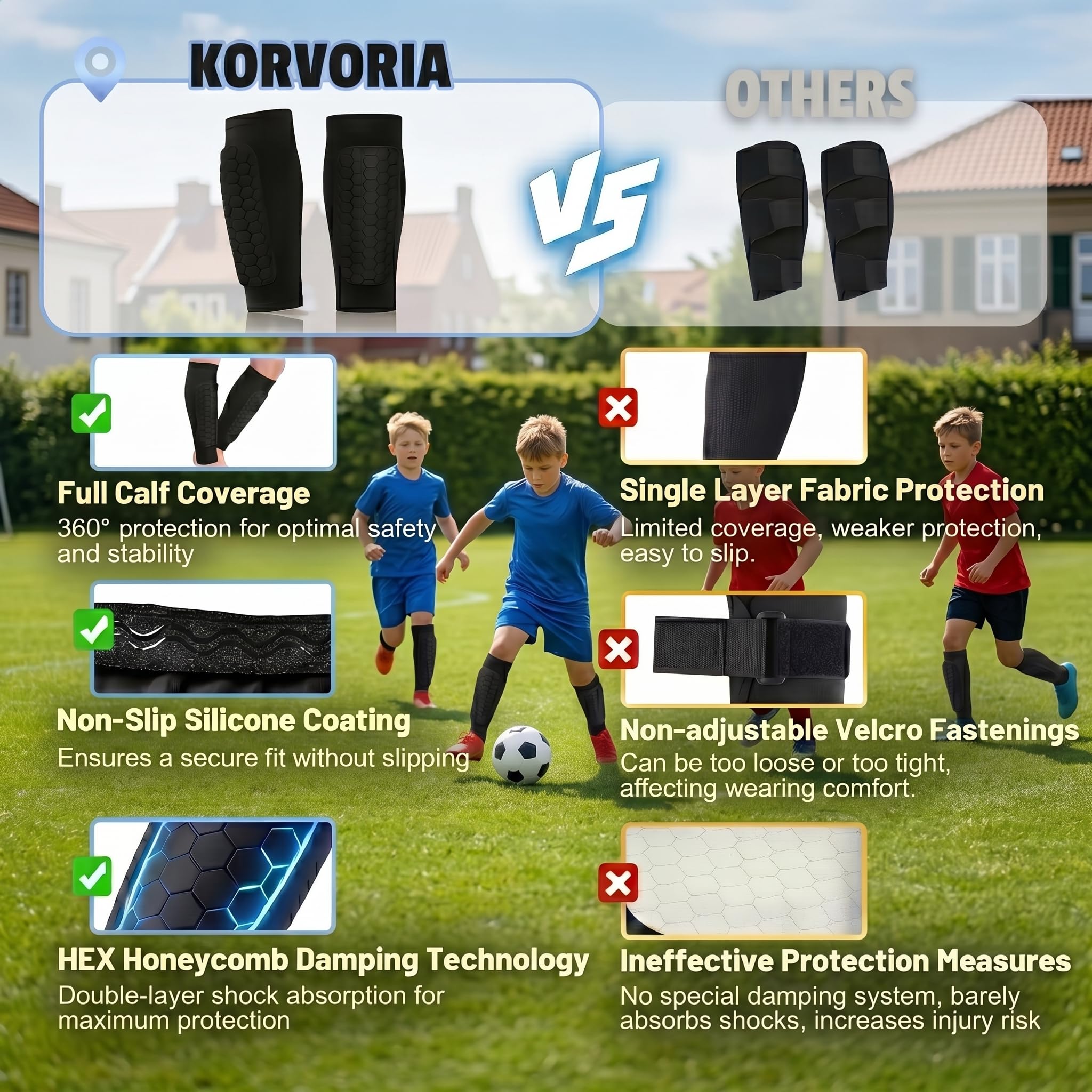 Espinilleras Fútbol para Niños y Jóvenes con Calcetines de Sujeción, Protección de Tibia con Acolchado EVA, Espinilleras Transpirables y Antideslizantes, Regalos Futboleros (Talla MS, 1 Par) — view 3