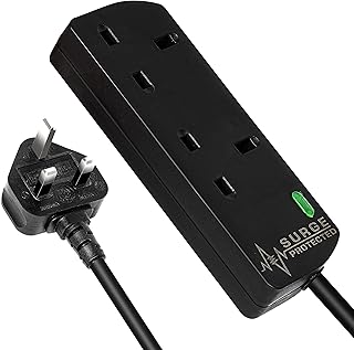 2 Gang Surge Protected Extension Lead 10m Plug Extension Power Strip - 2 Plug Socket Power Extension Cord 10 Meter - 2 Way Mains Electric Power Surge Protection Cable Multi Plug UK