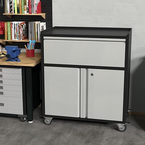 Miniatura 7 de Waqiv Gabinete de herramientas de bloqueo para garaje, gabinete de almacenamiento de metal con puerta y cajón, pequeño gabinete de almacenamiento