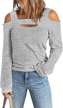 Women Blouses and Tops Black White Colorblock Bell Sleeve Cold Shoulder Top Shirt