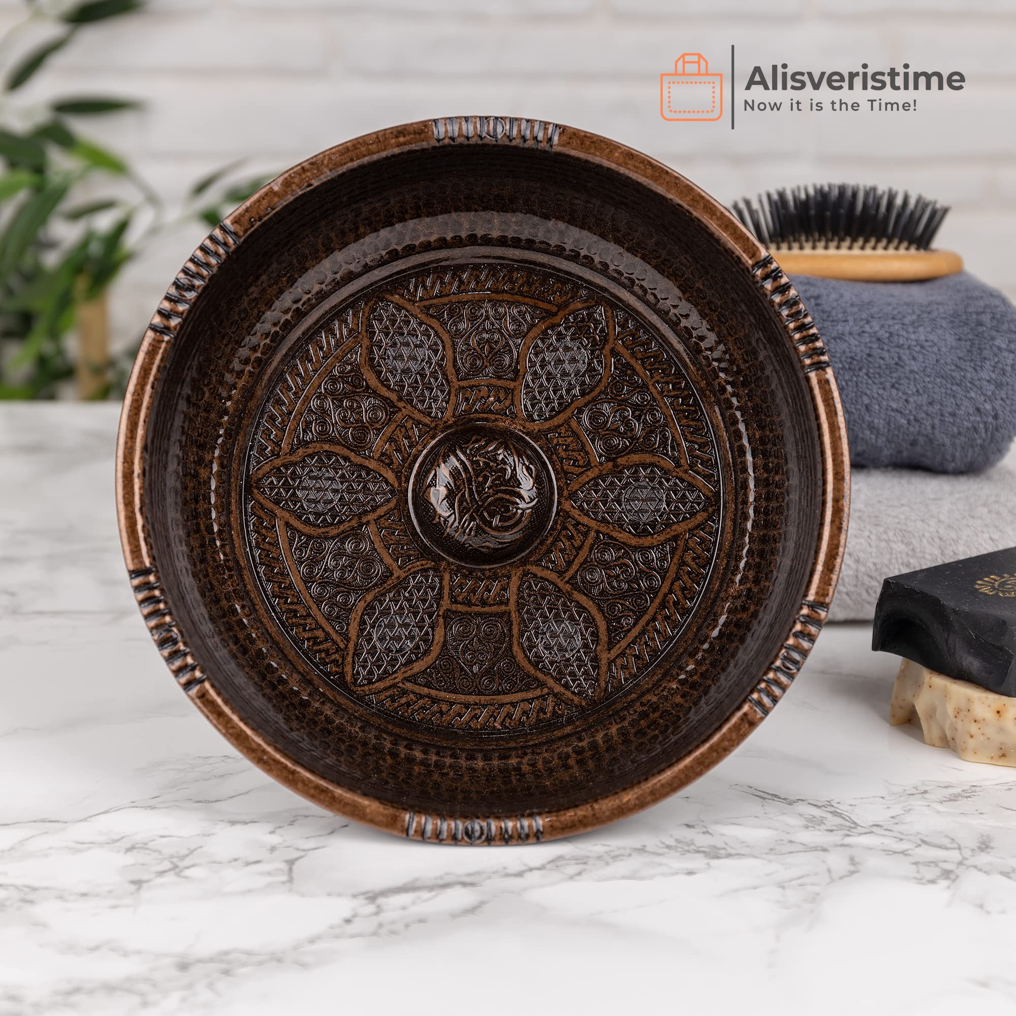 Alisveristime Cuenco tradicional turco para baño con motivos auténticos (440 g) hecho de zinc (7.87 pulgadas de diámetro) (cobre antiguo)